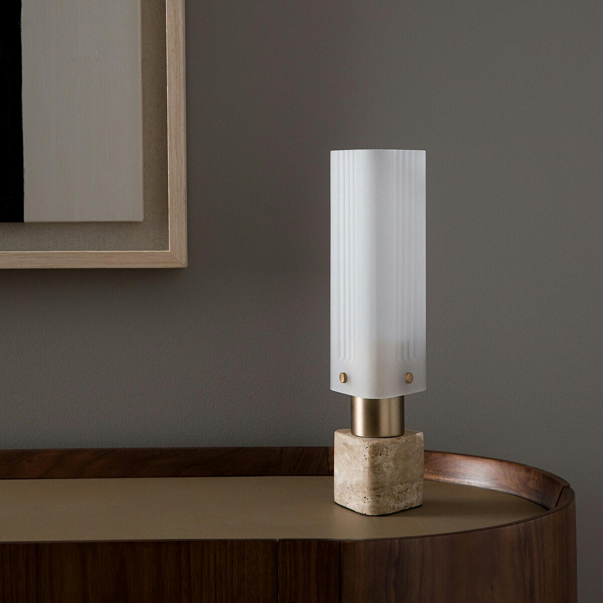 Lampe verre/travertin, Strozzi, design E.Gallina,&