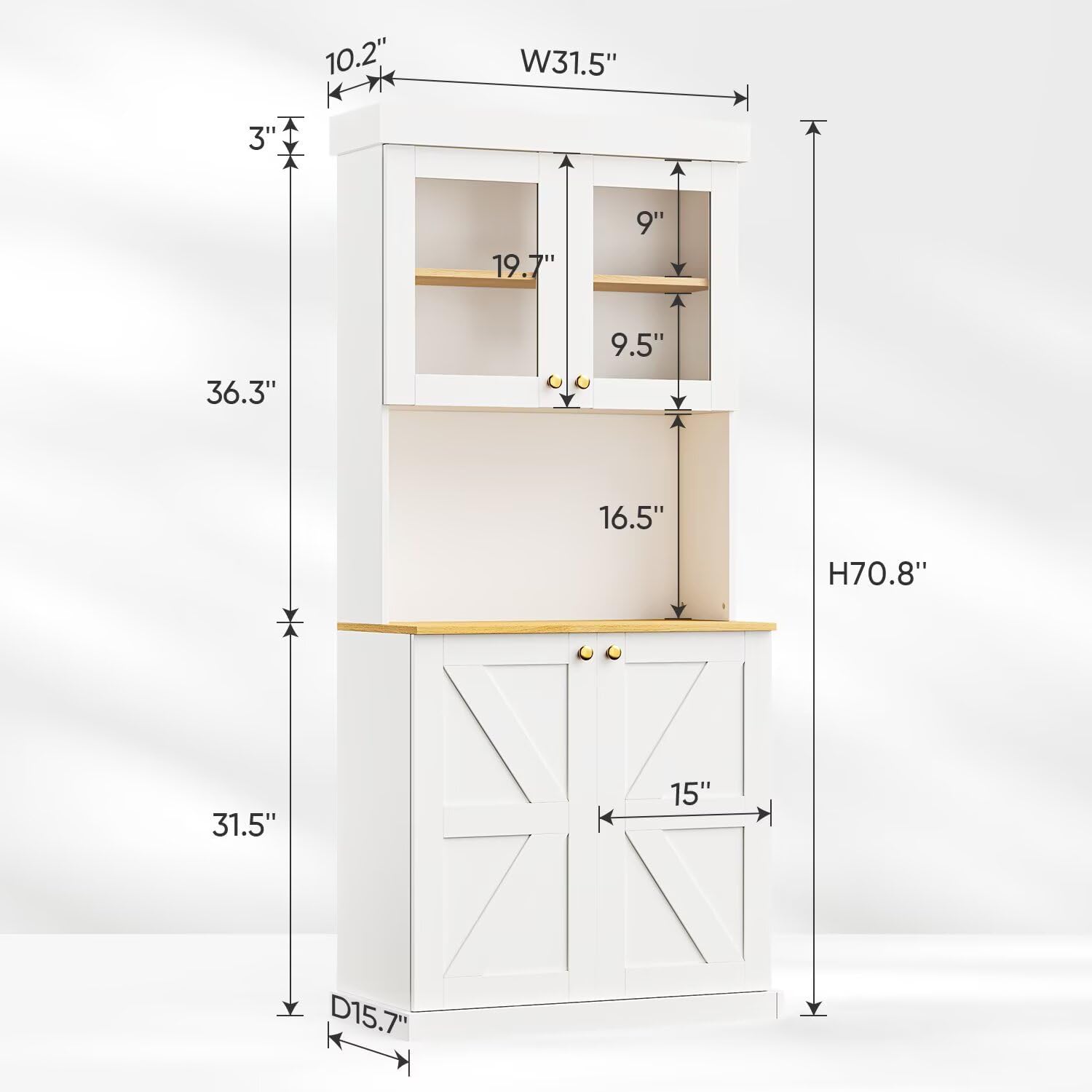 Vyre 71 Farmhouse Kitchen Pantry Cabinet Set of 2, White Freestanding Coffee Bar Hutch with Glass Doors & Adjustable Shelves, Large Storage Cabinet with Microwave Stand for Living Room & Kitchen