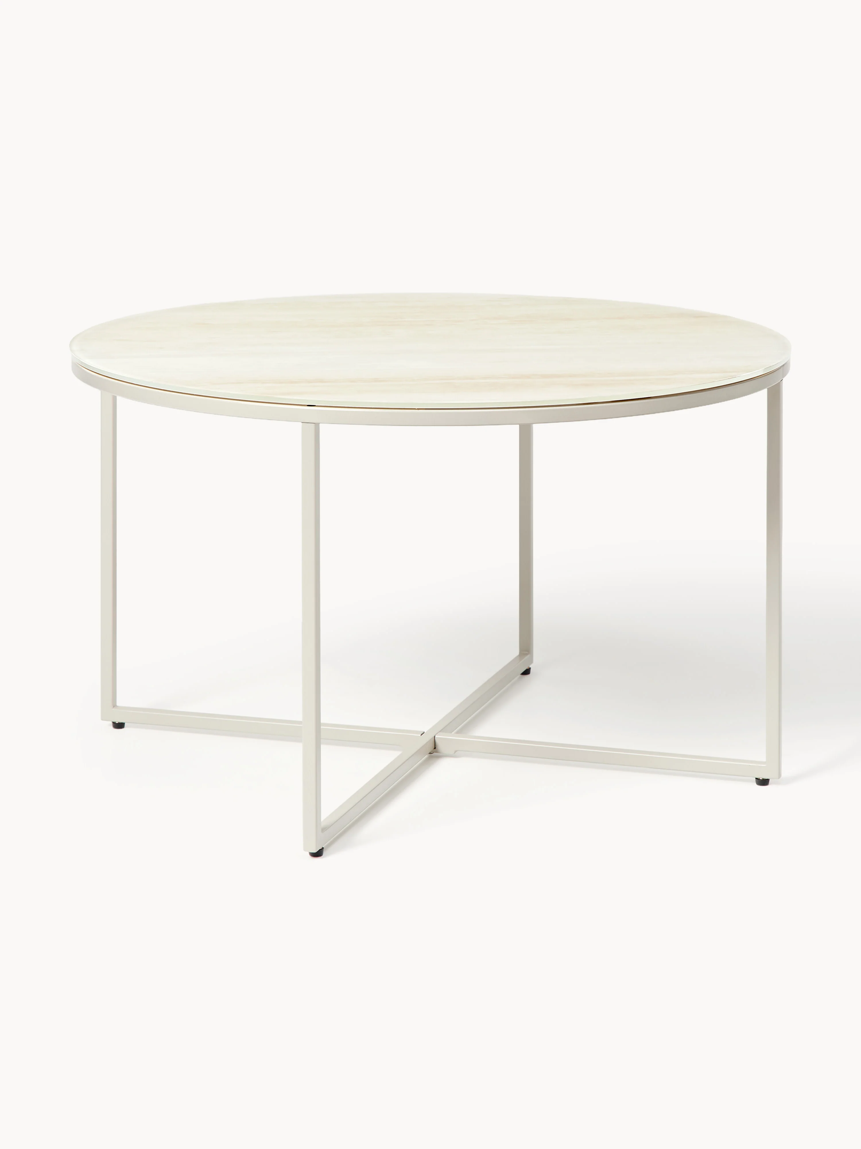 Runder Couchtisch Antigua mit Glasplatte in Travertin-Optik
