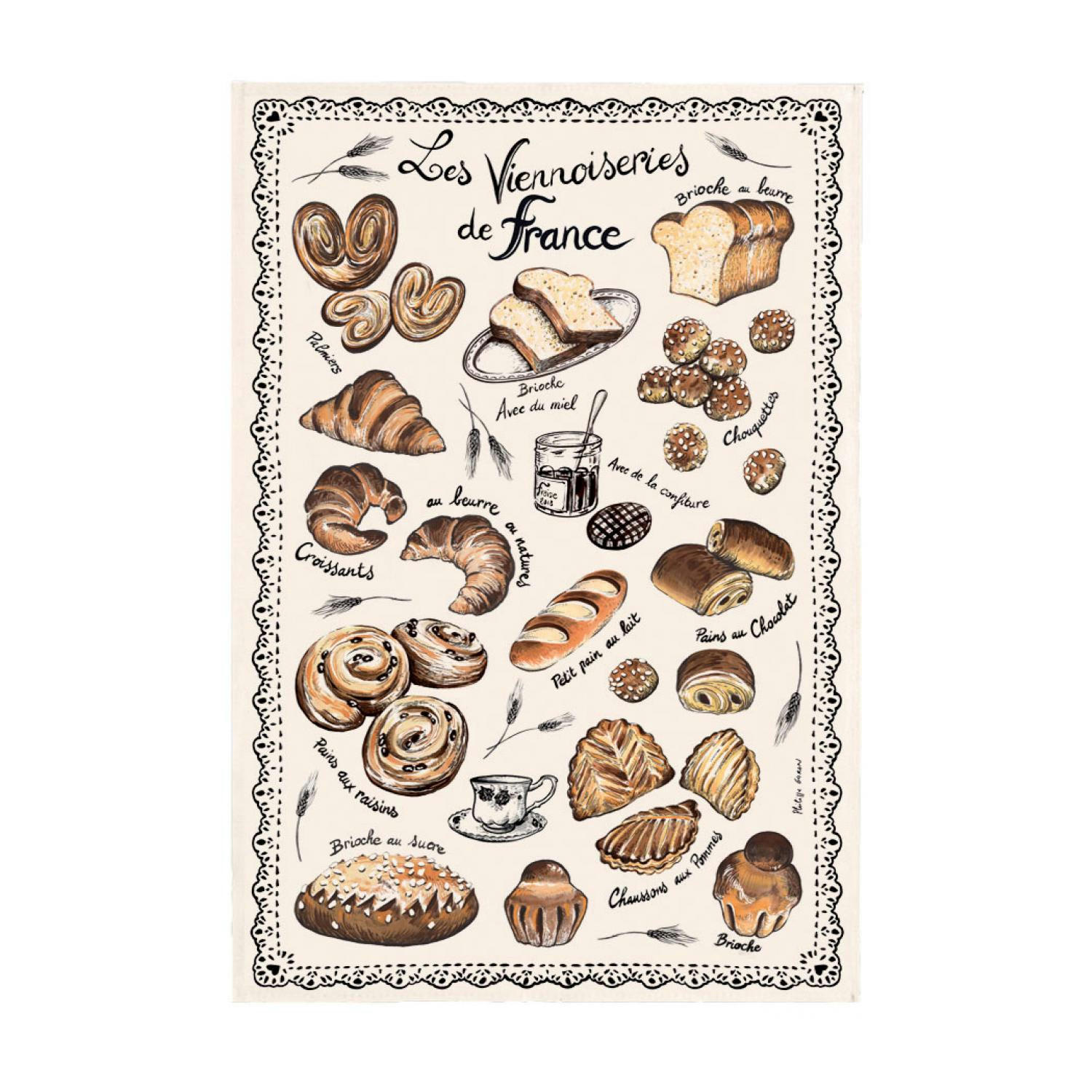 GASTRONOMIE ET VIN - Torchon les viennoiseries françaises en coton ecru 48 x 72