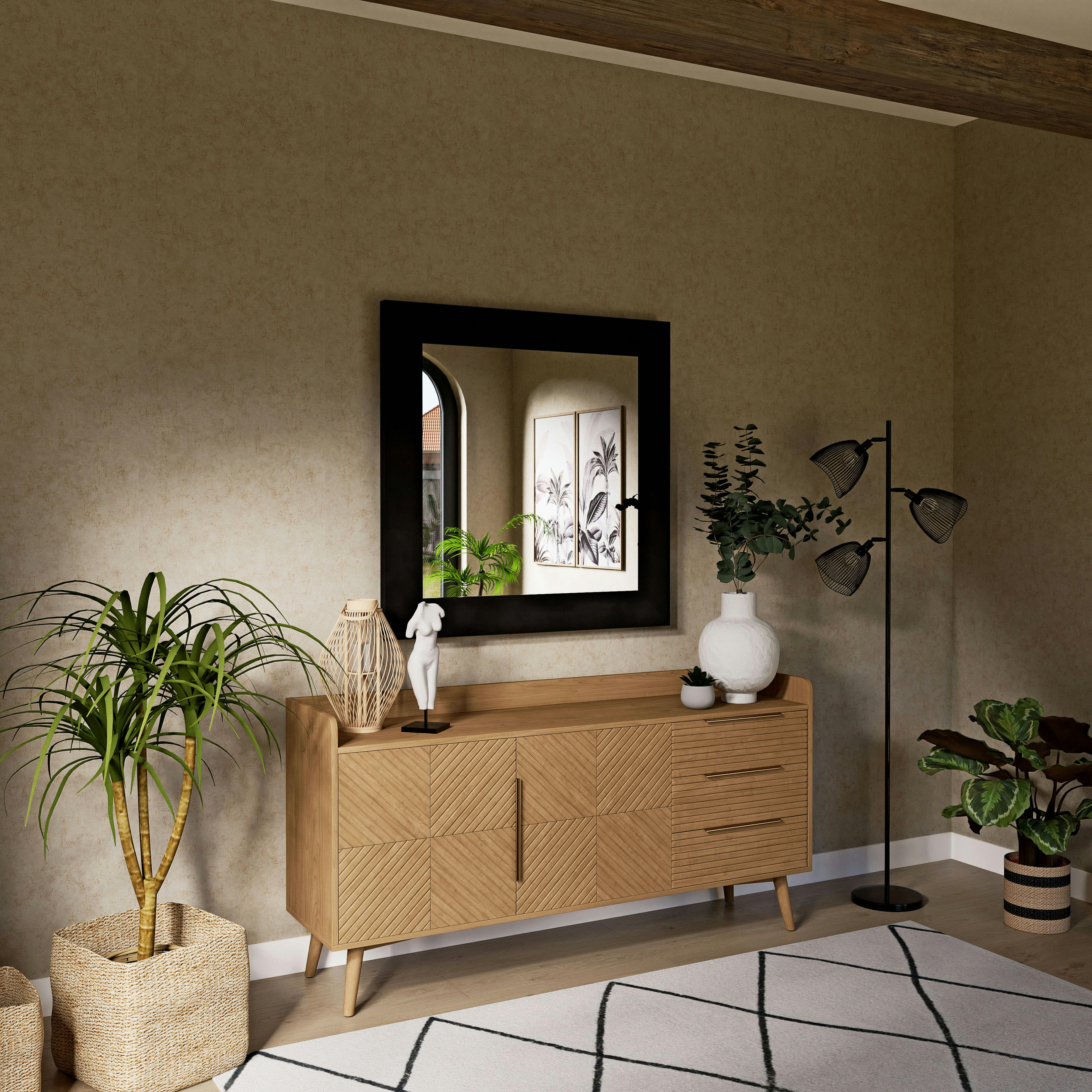 BROCK - Palmier artificiel vert et pot en osier beige