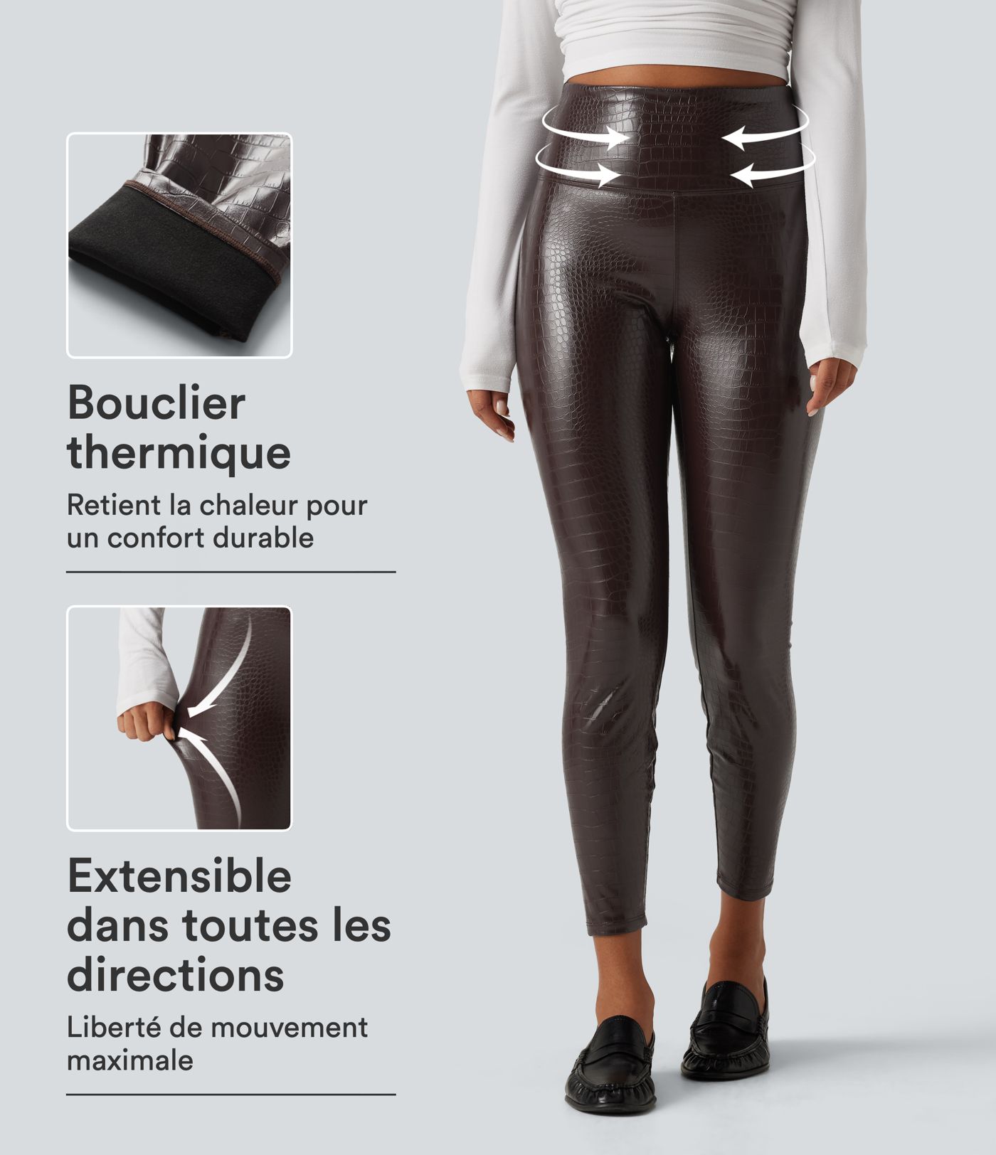 Legging skinny en simili stretch doublé polaire imprimé serpent taille haute gainant avec poches