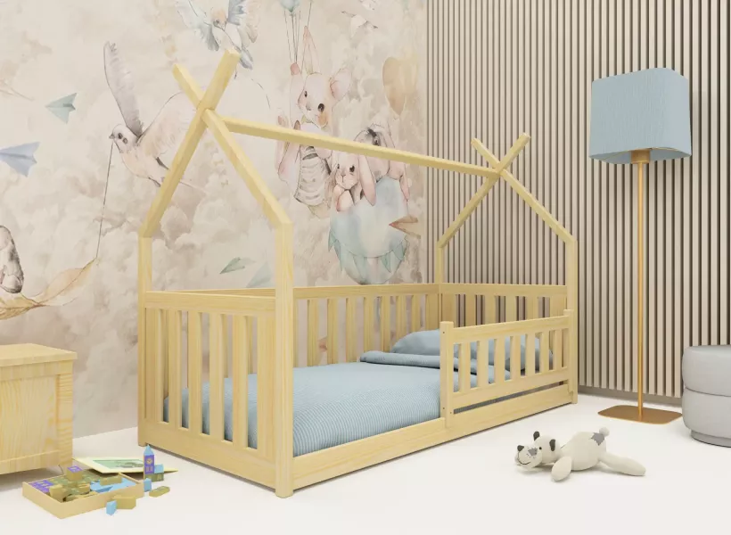 Sosnowe łóżko podłogowe dla dziecka z barierkami BOGUŚ 80x160 domek tipi