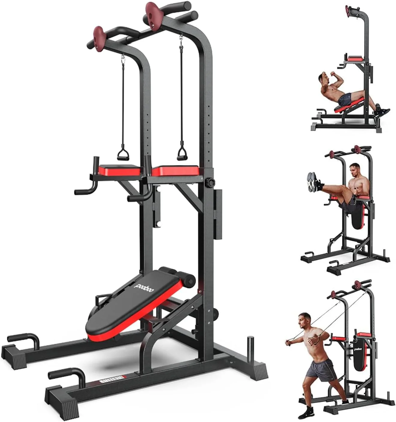 Pooboo Power Tower Dip Station, Pull-Up Bar, Supine Board, Adjustable