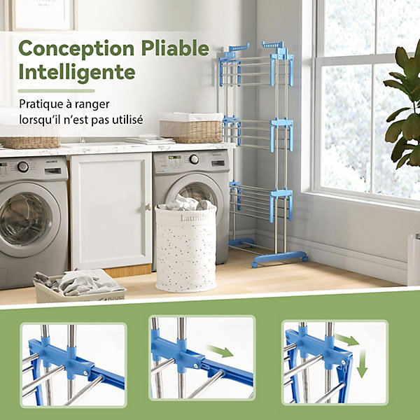 Etendoir a Linge Pliable a 4 Niveaux avec Ailes Laterales Rotatives et Etageres Pliables Sechoir avec Roues Verrouillables