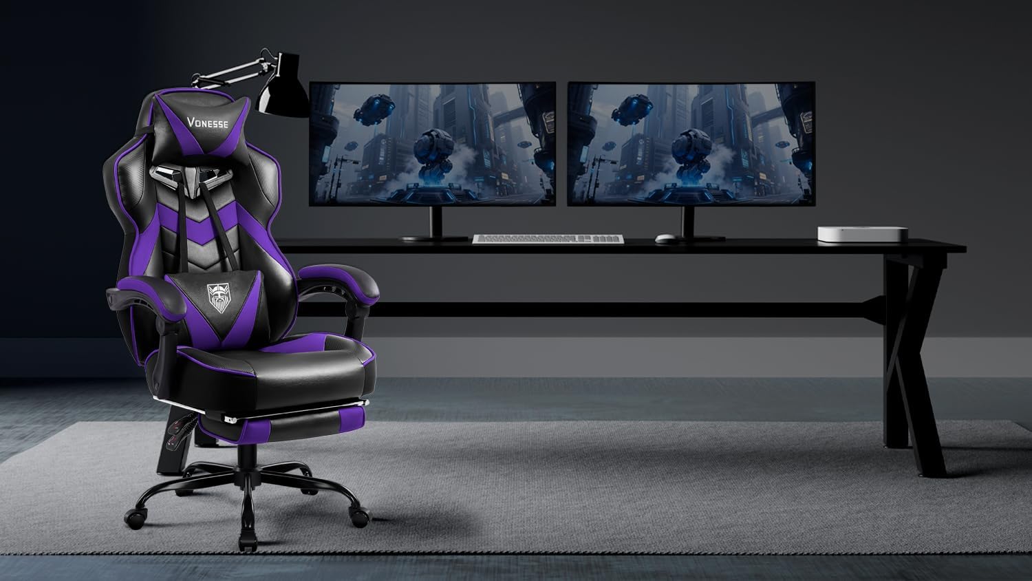 Vonesse Gaming Chair, High Back Gaming Chair with Footrest and Massage, Gaming Chairs for Adults with Pocket Spring Cushion, Big and Tall Reclining Computer Chair with Lumbar Support (Purple/Black)