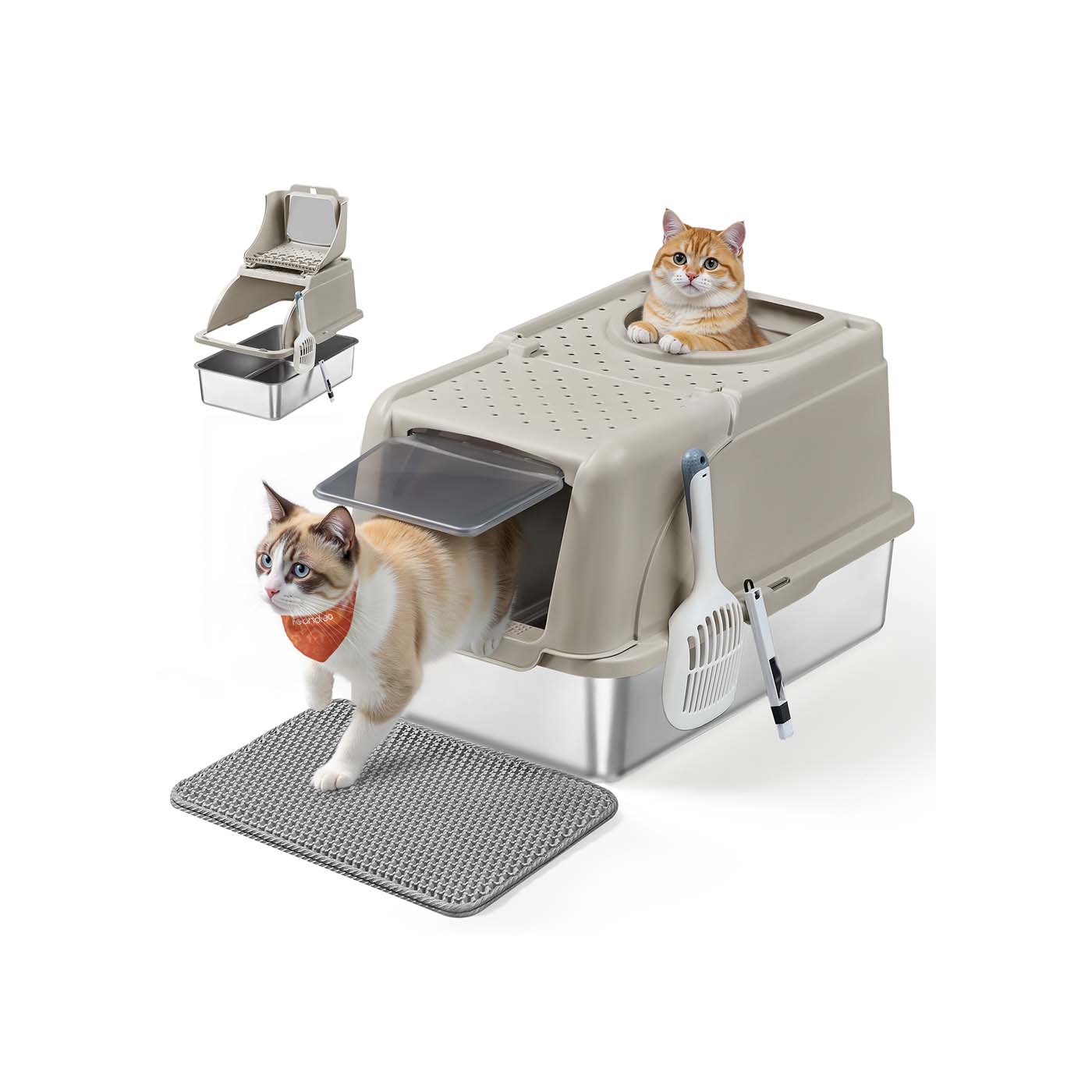 Bac à litière pour chat en acier inoxydable grande taille double entrée