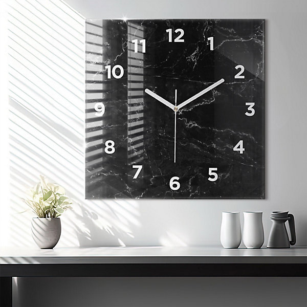 Horloge murale Wallfluent 60x60 cm Avec chiffres Aiguilles blanches Marbre noir 1 pcs