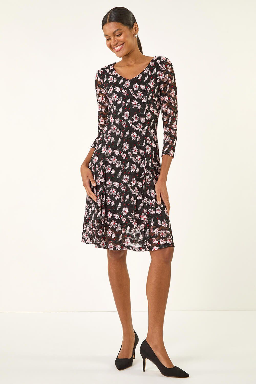 Roman Floral Print Lace Stretch Dress