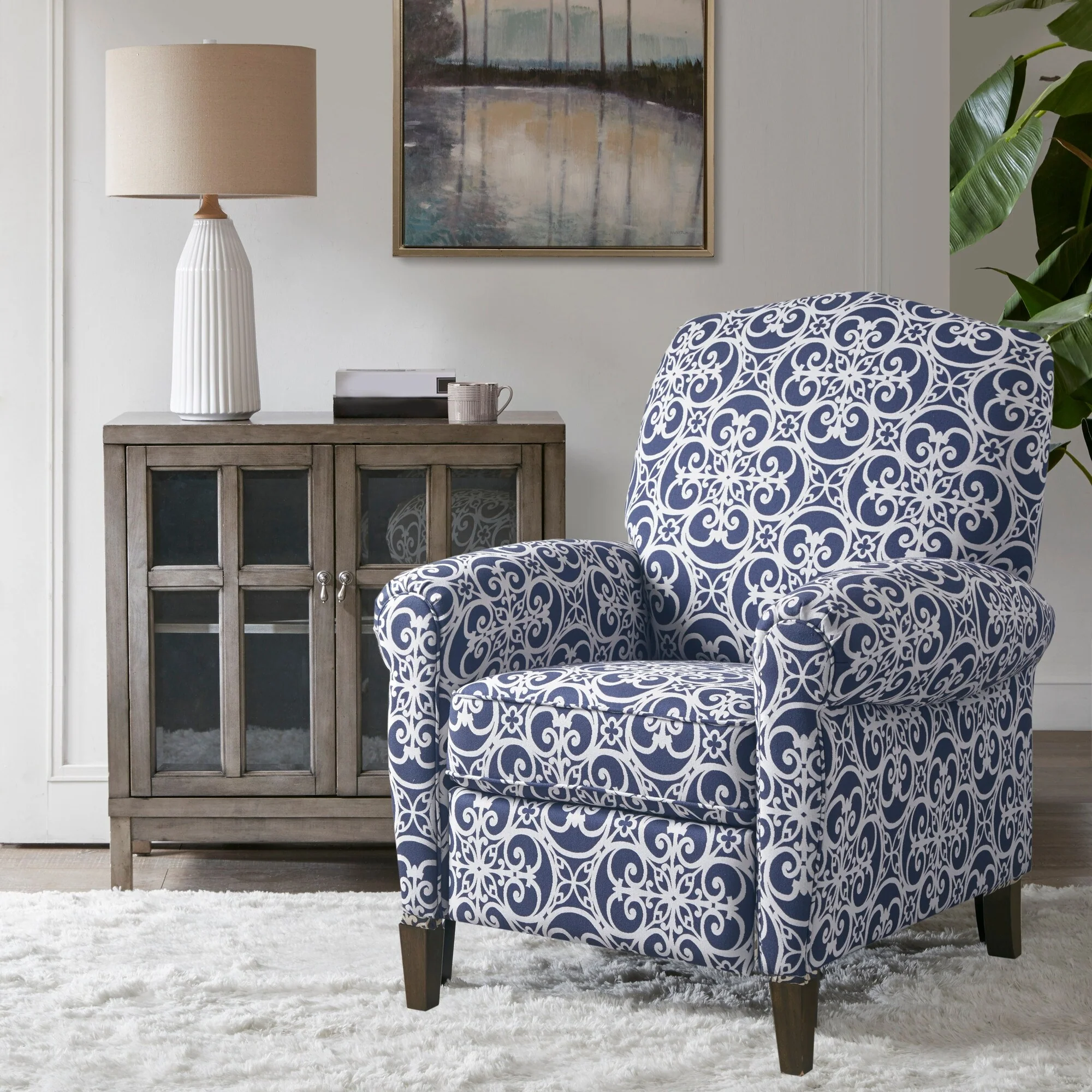 Madison Park Oscar Solid Wood Upholstered Push Back Recliner Chair with Rolled Arms