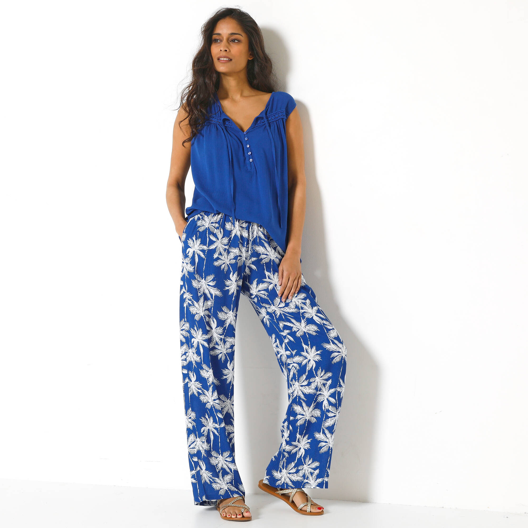 Pantalon large fluide, imprimé palmiers