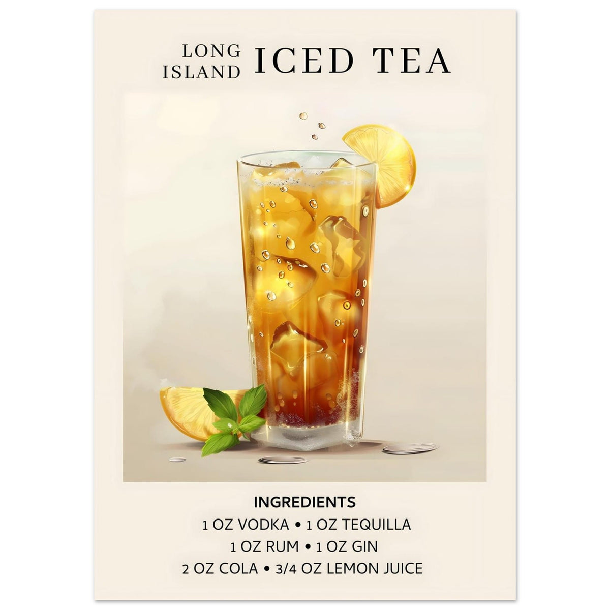 Artfulprints Poster Long Island Iced Tea cocktail - Ingrediënten  - 50x70 cm - Grijs