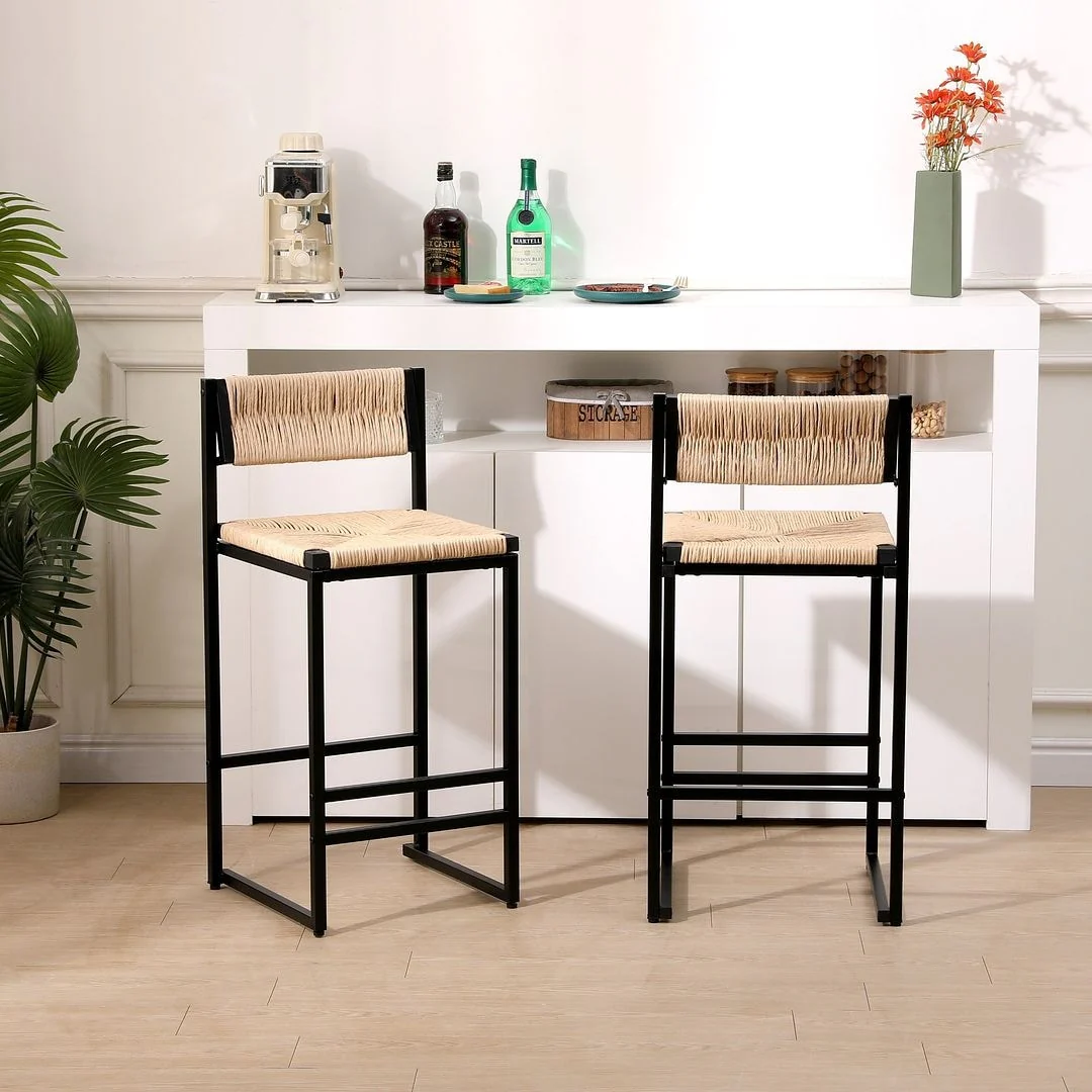 2 PCS Bar Stools with Back Hand Weave Stools