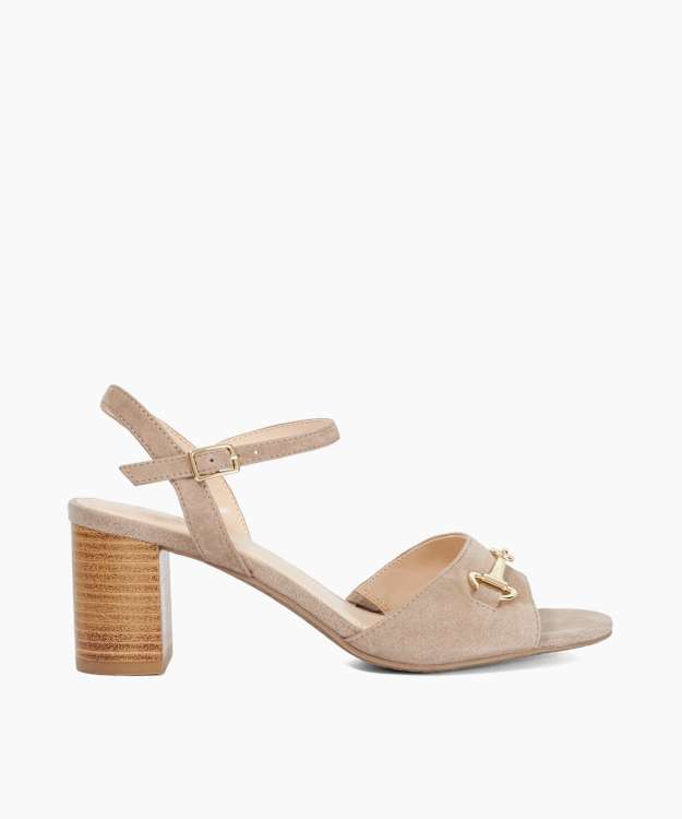 Jayar Taupe - Suede Snaffle Trim Block Heel Sandals