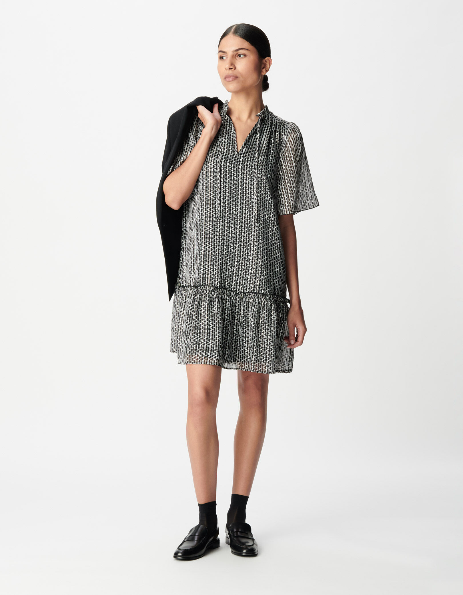 Robe noire imprimé graphique bicolore Femme