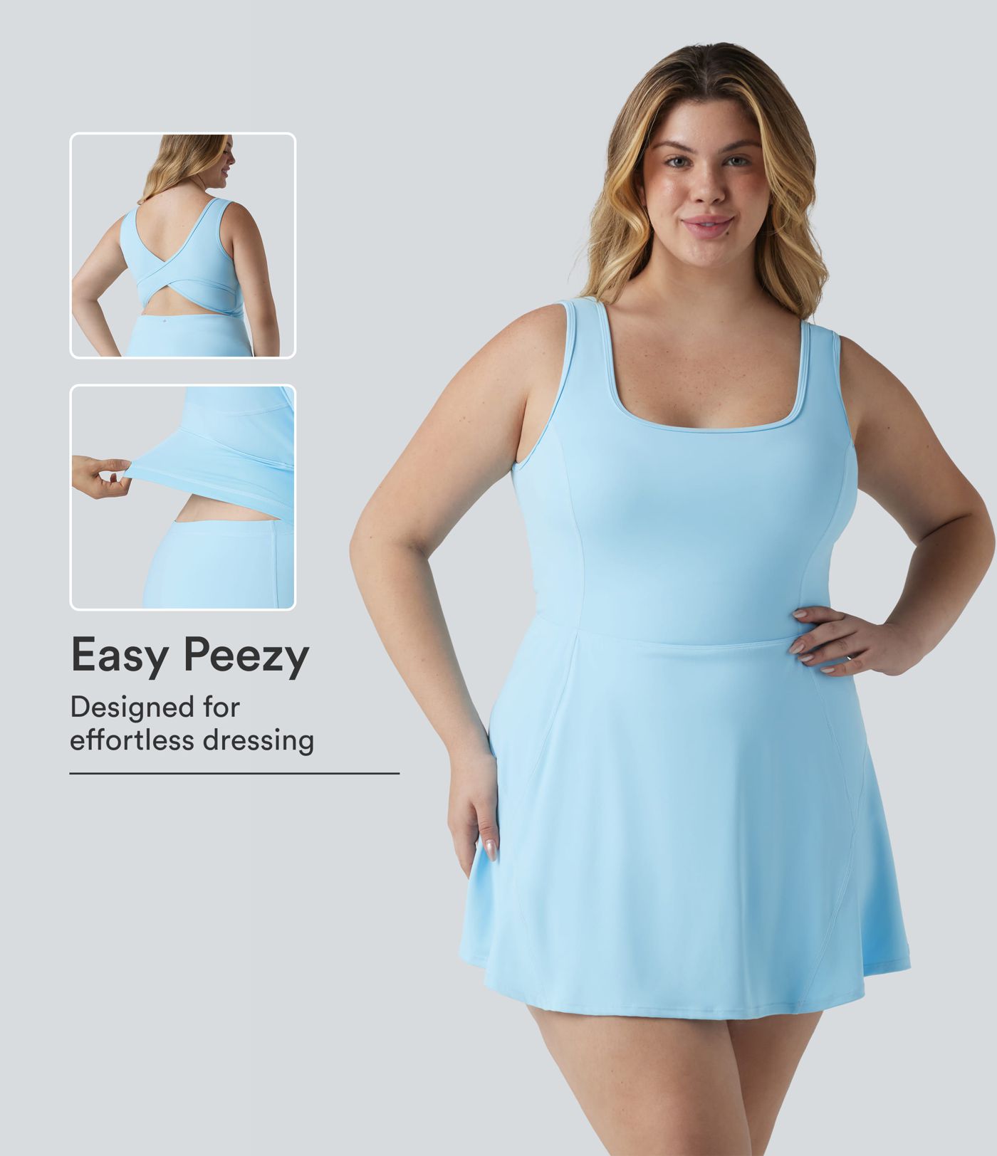 Robe de sport mini grande taille SoftlyZero™ Airy à col U avec brassière intégrée 2-en-1 effet frais InstantCool avec poches, accès facile Easy Peasy