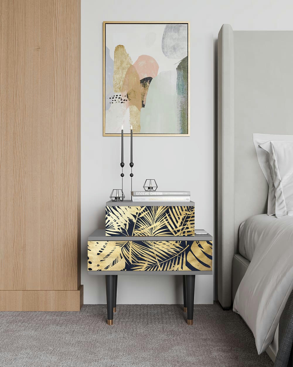 JUNGLE VIBES - Table de chevet bleu et jaune 2 tiroirs L 58 cm