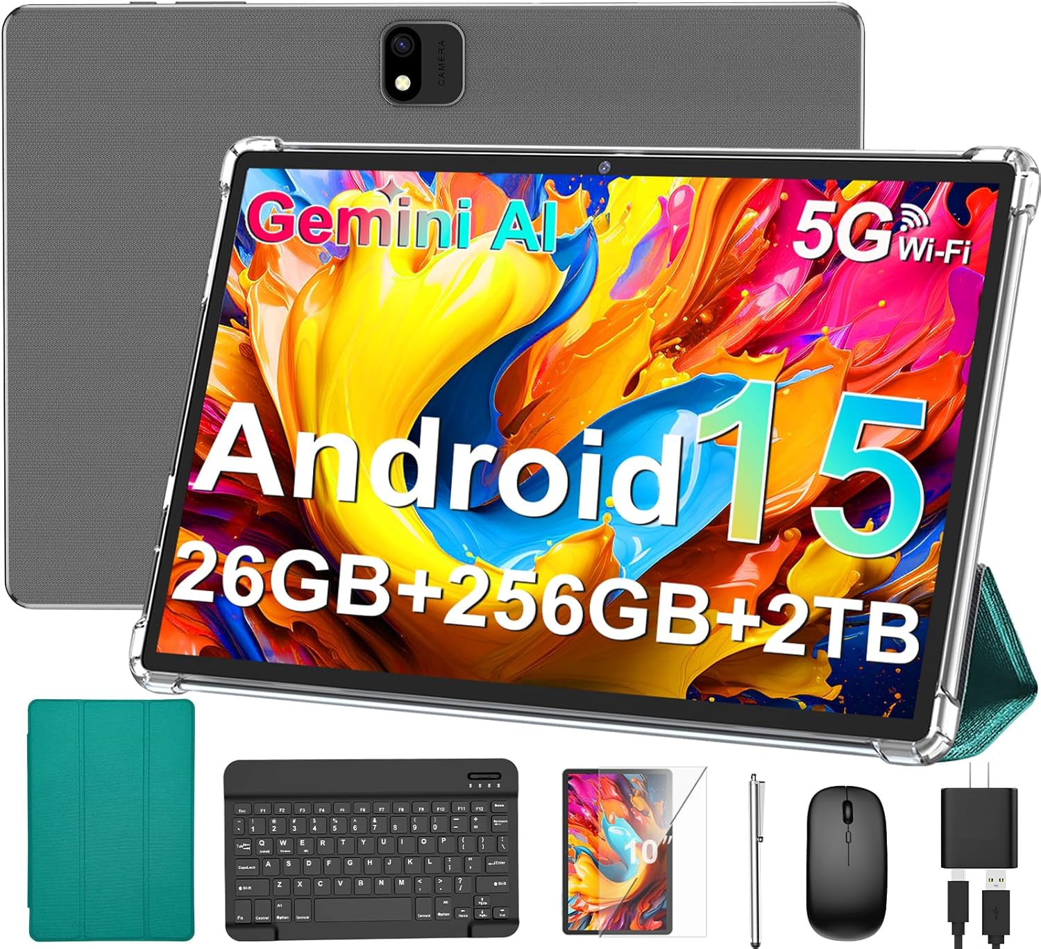 Android Tablet with Keyboard, 2026 Android 15 Tablet 10 inch, 26GB+256GB+2TB Expand, Electronic Tablet PC with Gemini, 8-Core, 8000mAh, 5G WiFi, GMS, 2 in 1 Tablet with Case/Mouse/Stylus(Black Case)
