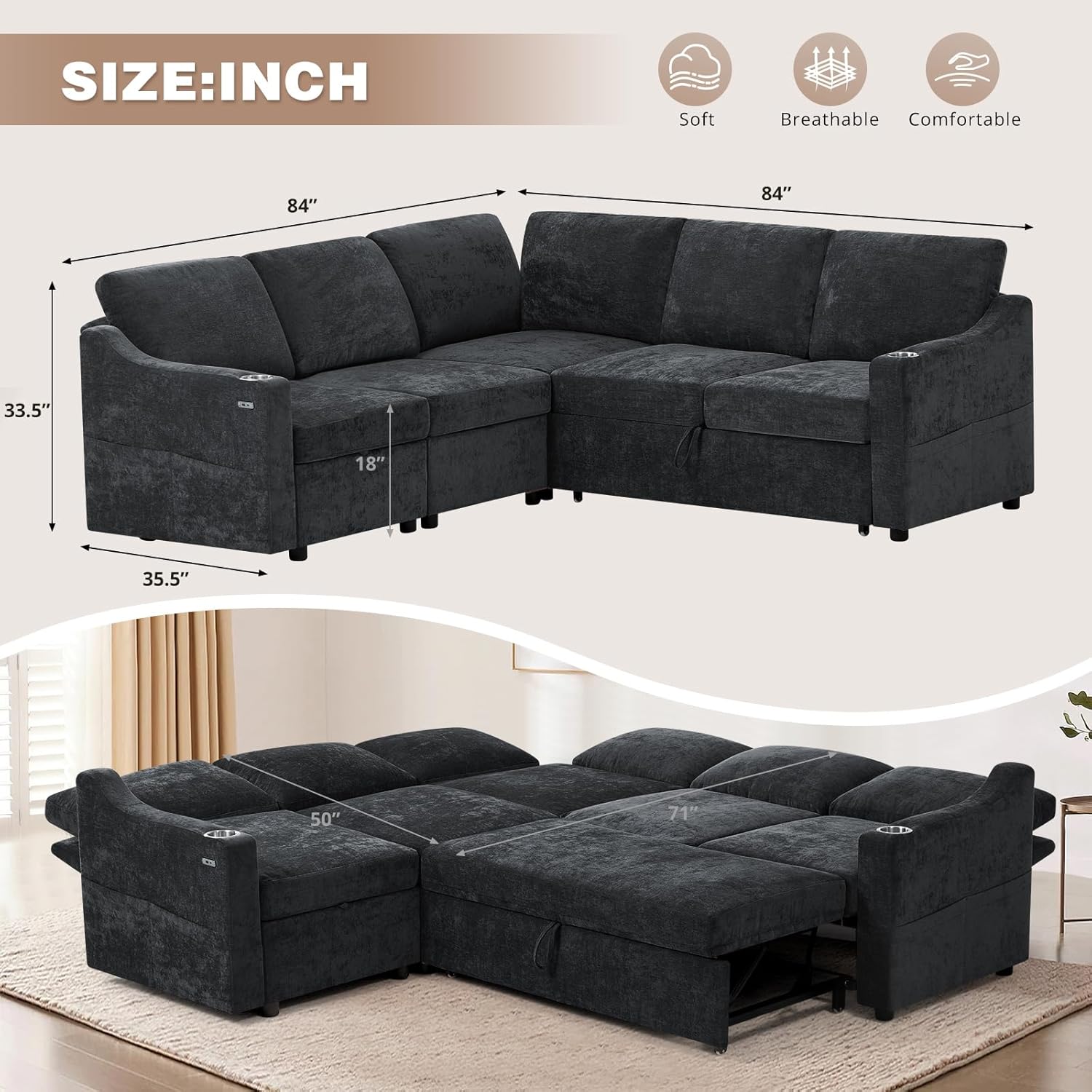 84 Chenille Modular Sleeper Sofa with Adjustable Backrests, Convertible Corner Sofa with USB Ports, L-Shape Sectional Couch with Pull-Out Bed & Storage Space for House, Living Room, Black