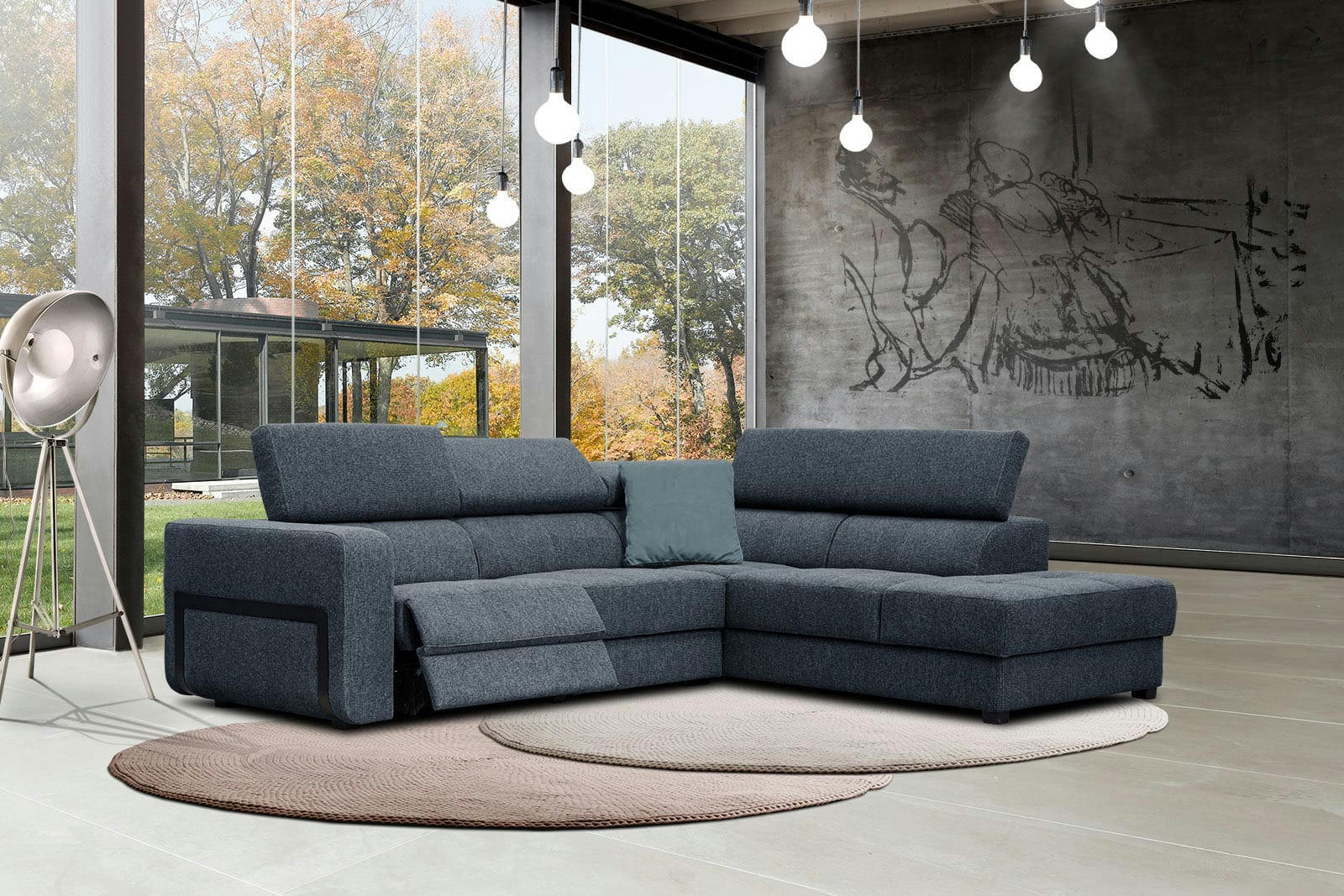 BERGO - Canapé d'angle droit 5 places avec relax électrique tissu bleu foncé