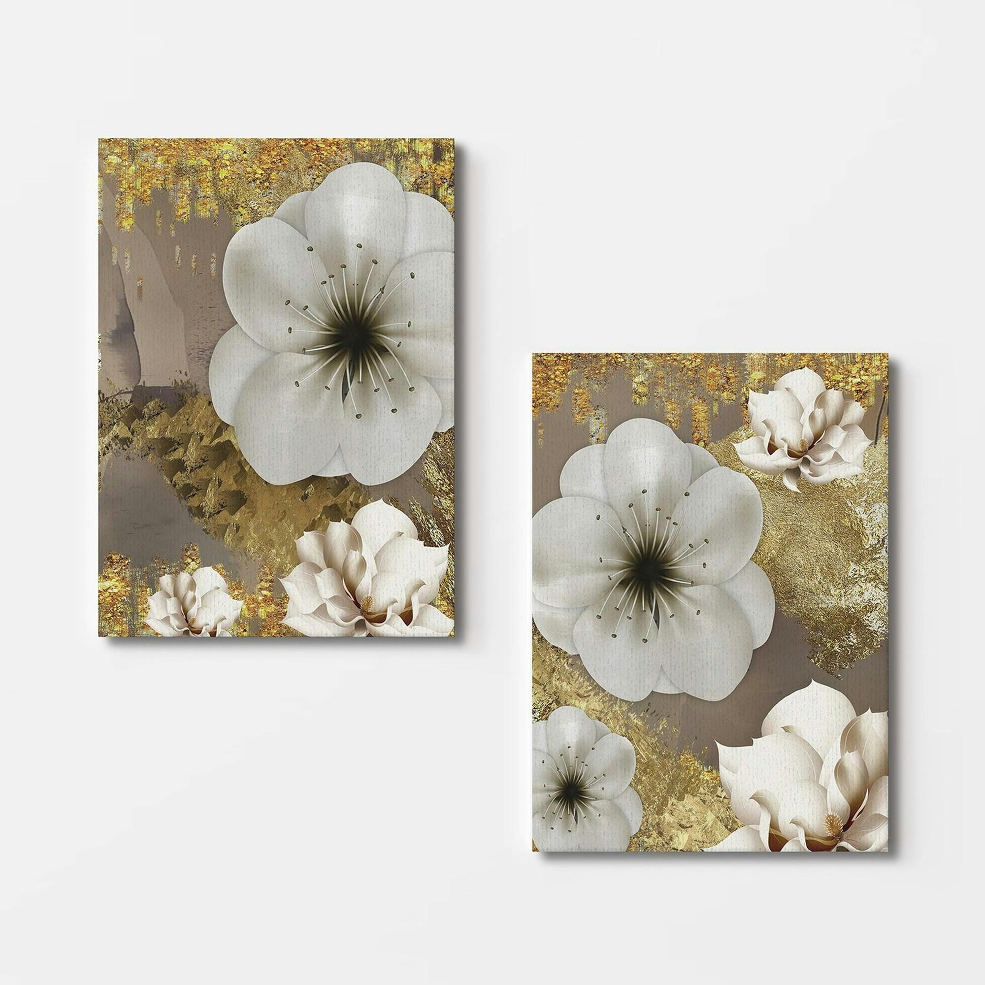 Tableau fleurs blanches – fond taupe et or (set de 2)
