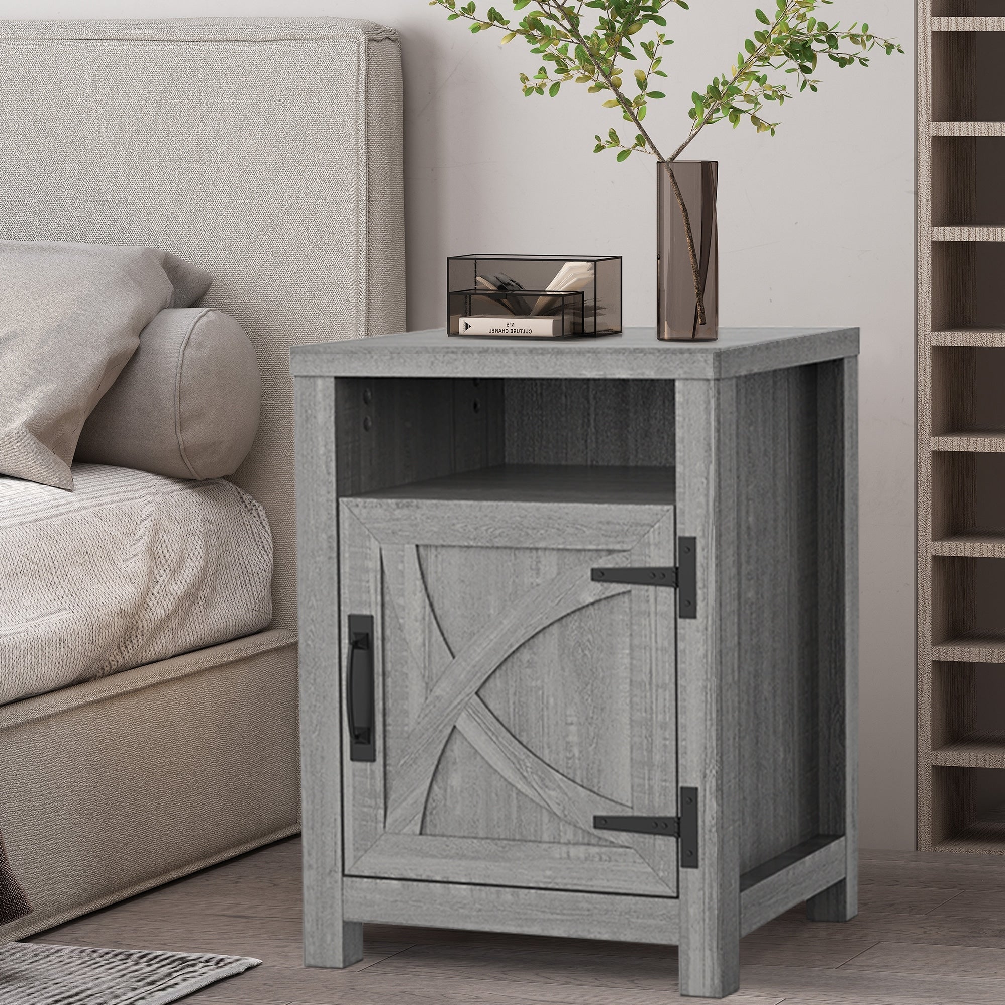 Farmhouse Grey Barn Door Nightstand Bedside Table Set of 2 with Open Compartment