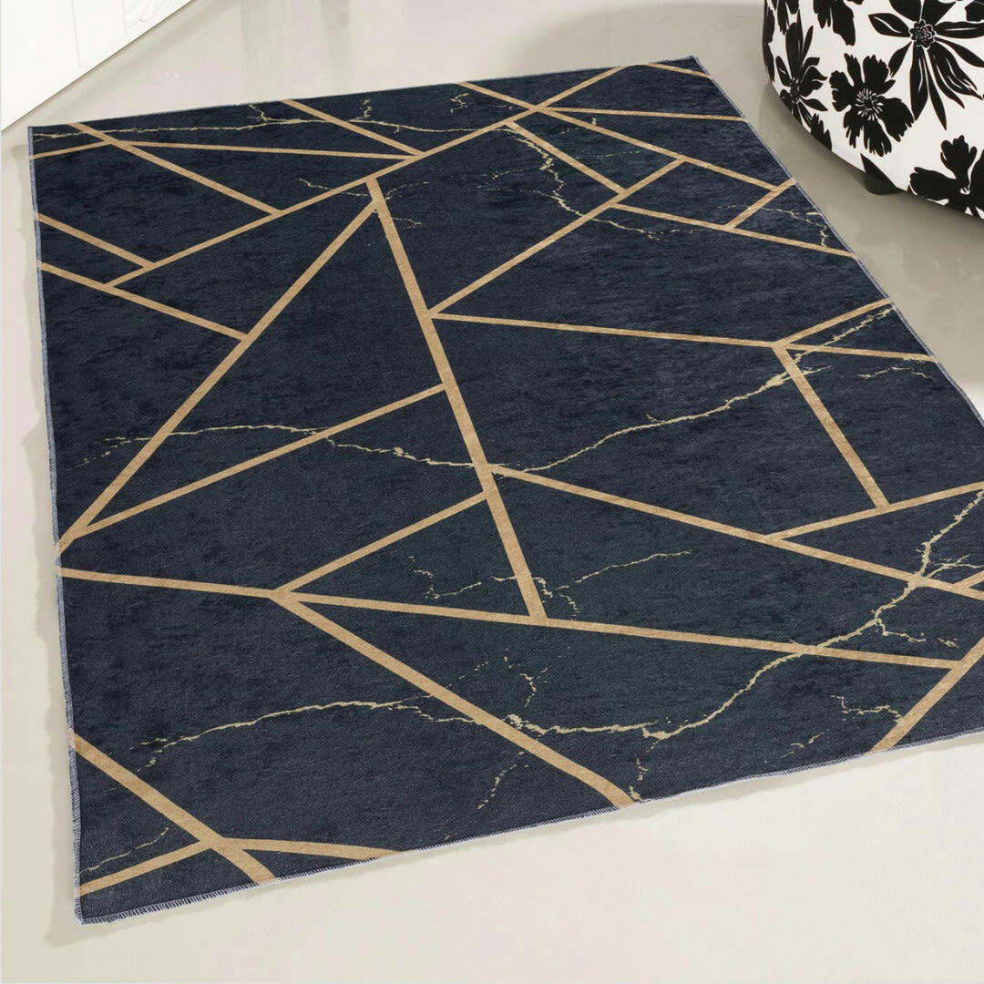 MALINES - Tapis géométrique scandinave en polyester noir 80x150