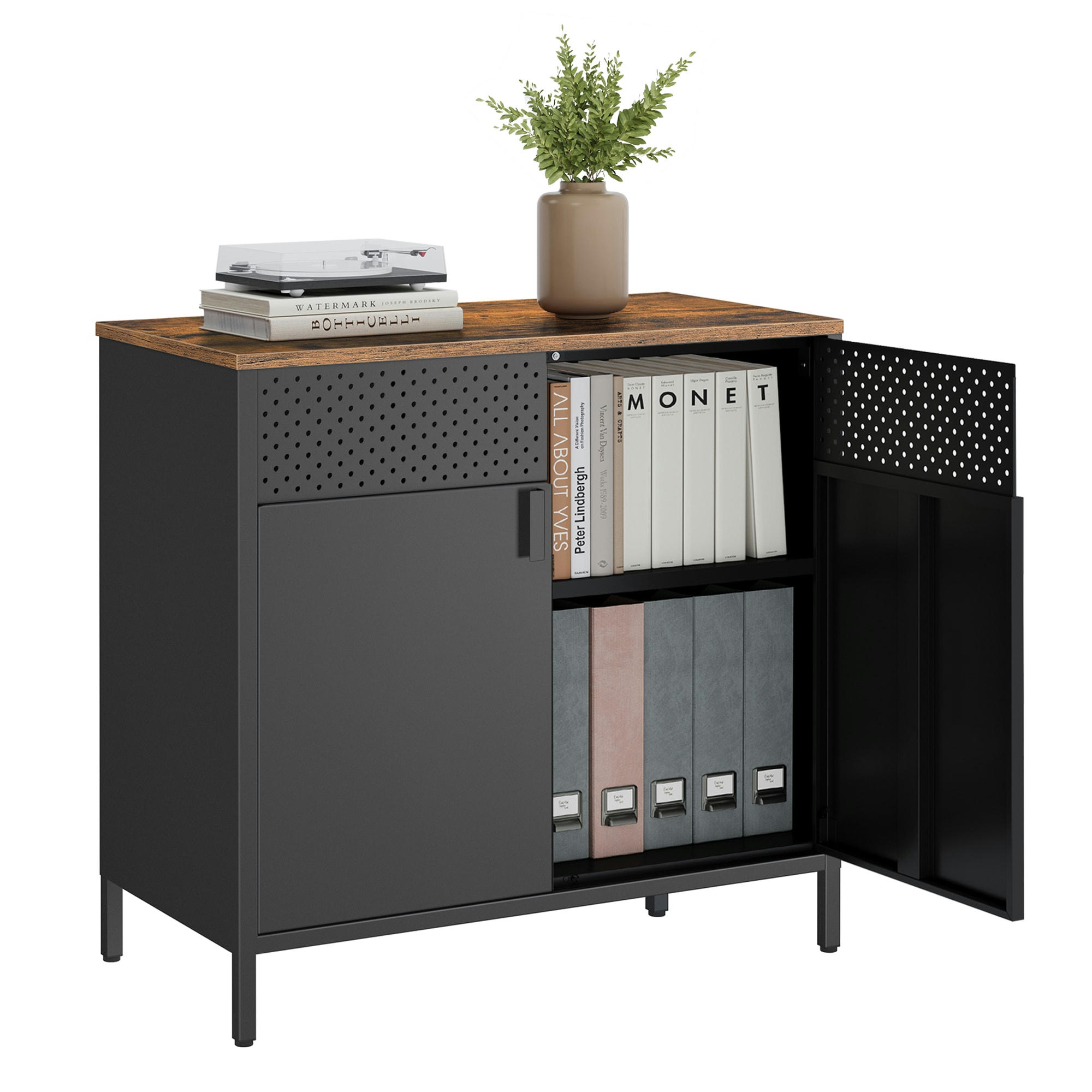 - Meuble de rangement 2 portes métal effet bois noir