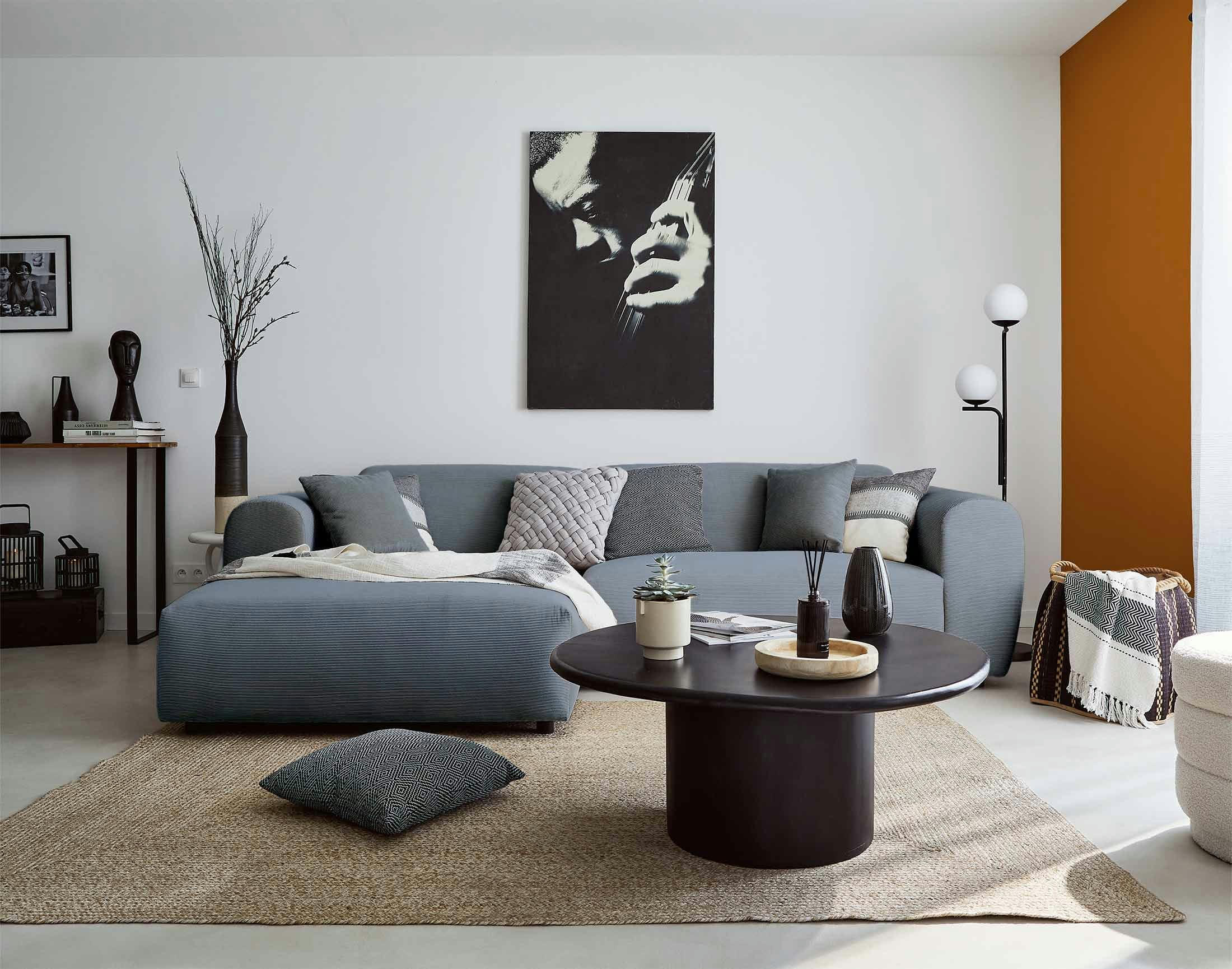 AUMANCE - Canapé d'angle gauche 4 places en velours côtelé bleu grisé