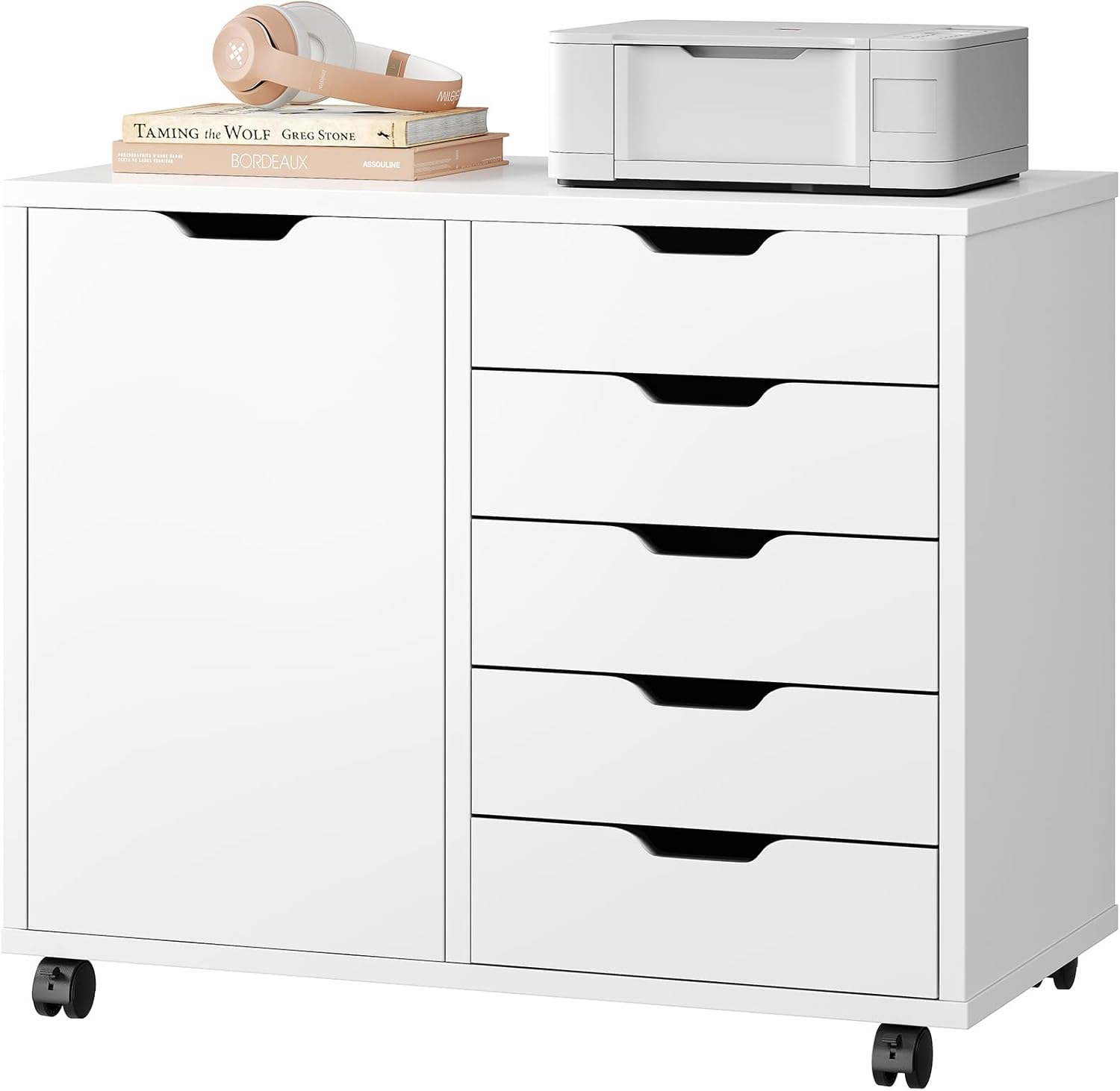 DUMOS 5 Drawer File Cabinet Office Drawers Organizer with Wheels Rolliing, Under Desk Cabinets with Shelves and Door Printer Stand with Wood Board Metal Frame for Home Office Storage Craft Room, White