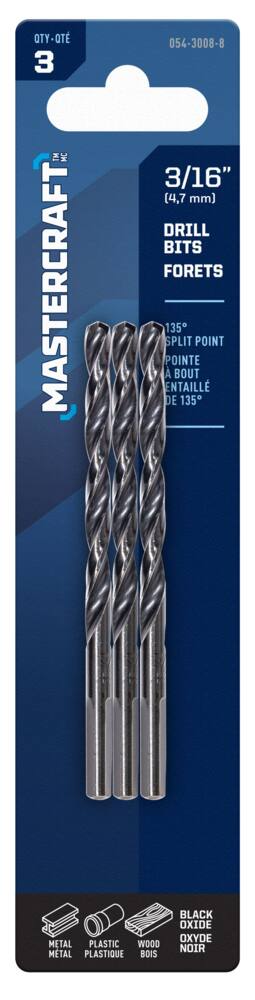 Mastercraft 3/16-in HSS Drill Bit for Wood, Metal, Plastic, 3-pk