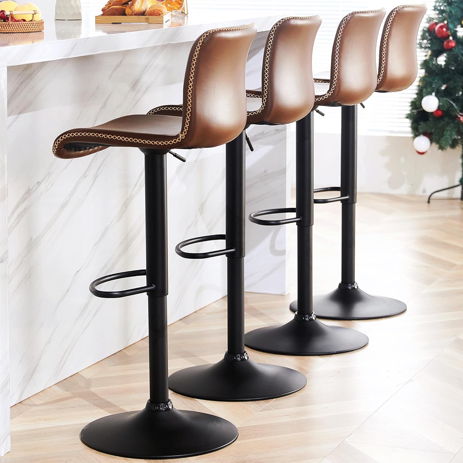 HeuGah Swivel Bar Stools Set of 4, Counter Height Bar Stools with Back, Adjustable Bar Stools 24 to 32, Brown Faux Leather Bar Chairs for Kitchen Island (Brown, Set of 4 (24'' to 32''))