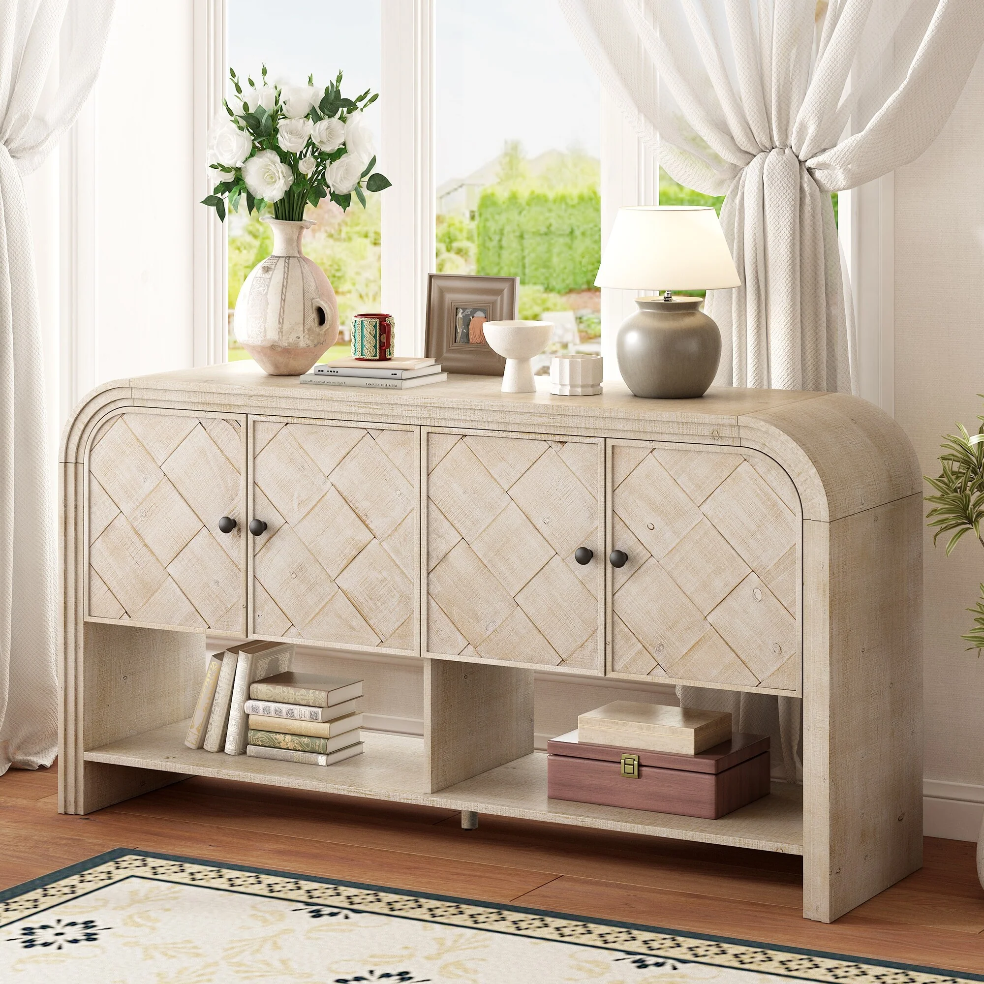 Versatile console table with Woven Wood Slats and Solid Wood Veneer,Suitable for Entryway, Hallway, Living Room,Foyer,Corridor