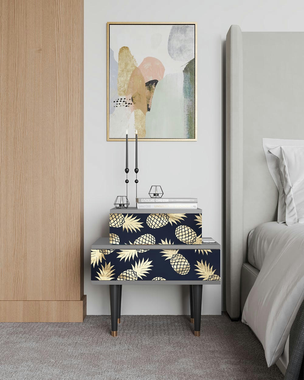 SUNNY PINEAPLE - Table de chevet bleu et jaune 2 tiroirs L 58 cm