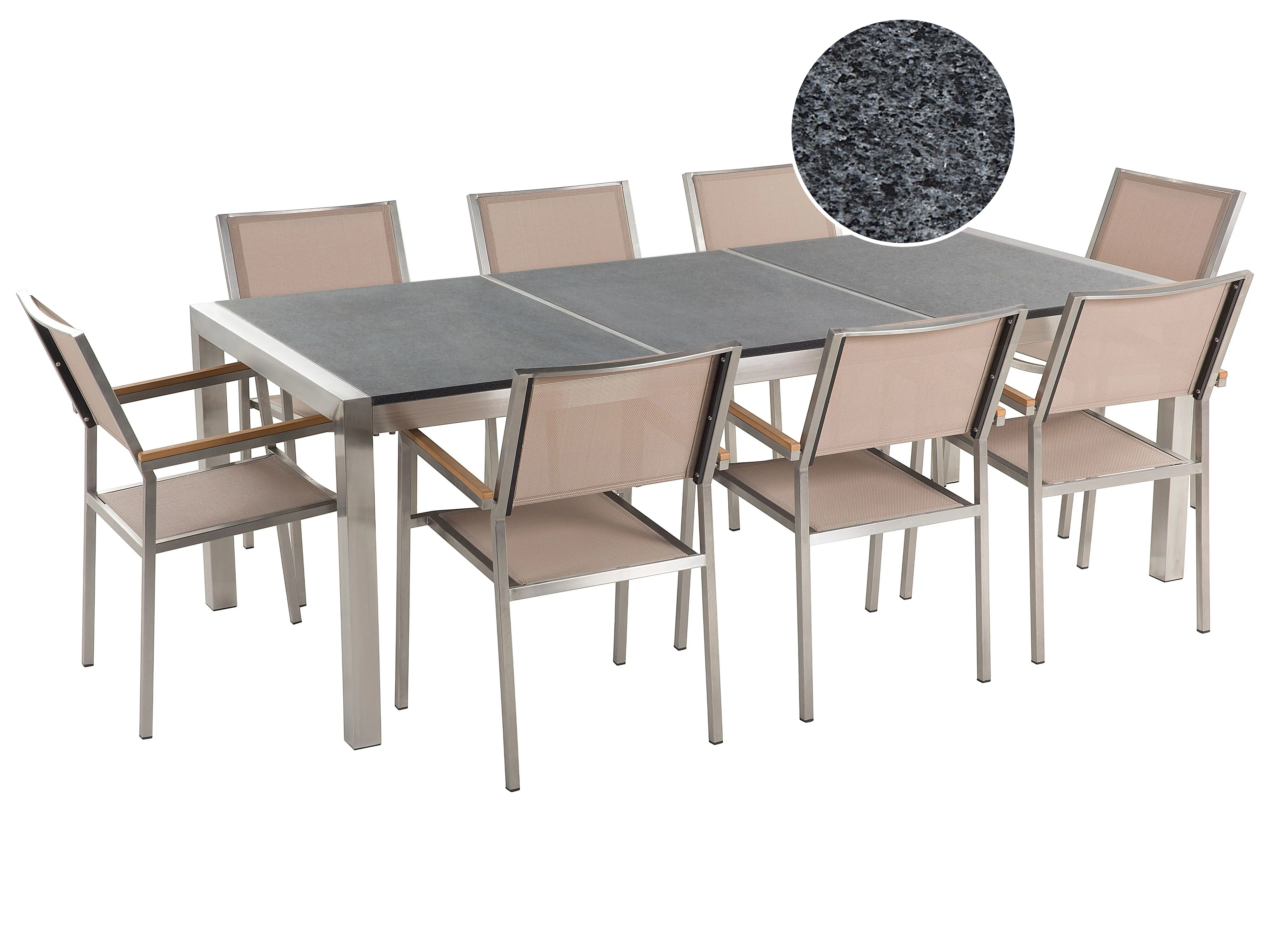 Garden Dining Set 6 Seater GROSSETO Triple Plate Granite Polished Grey/ Beige