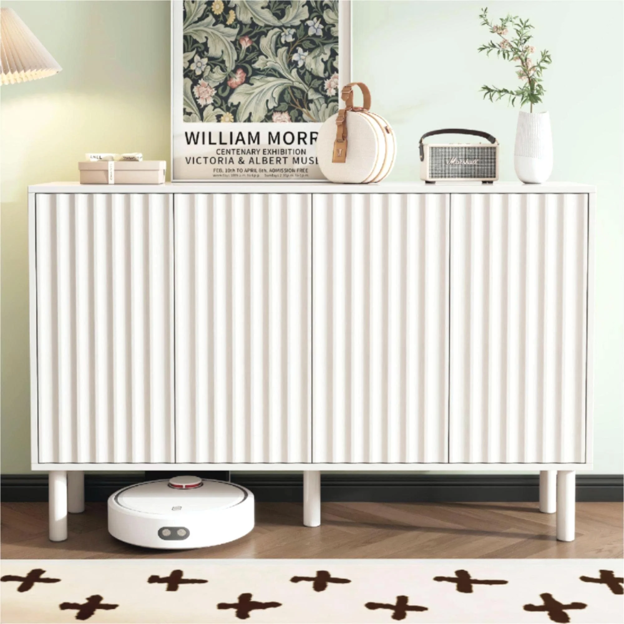 Shoe Cabinet with 5 Solid Wood Legs, Sideboard Buffet Cabinet with Fluted Doors, 4-Door Storage Cabinet with Adjustable Shelves