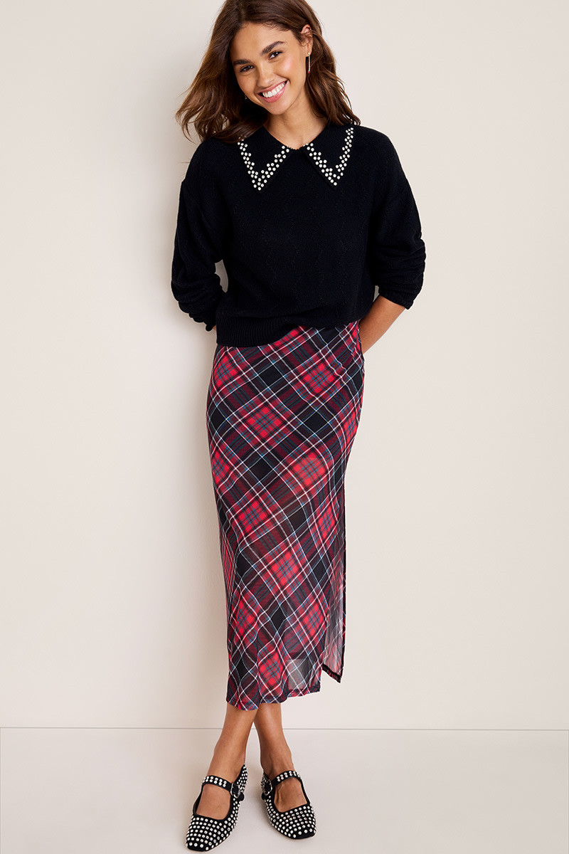 Joy Plaid Mesh Midi Skirt