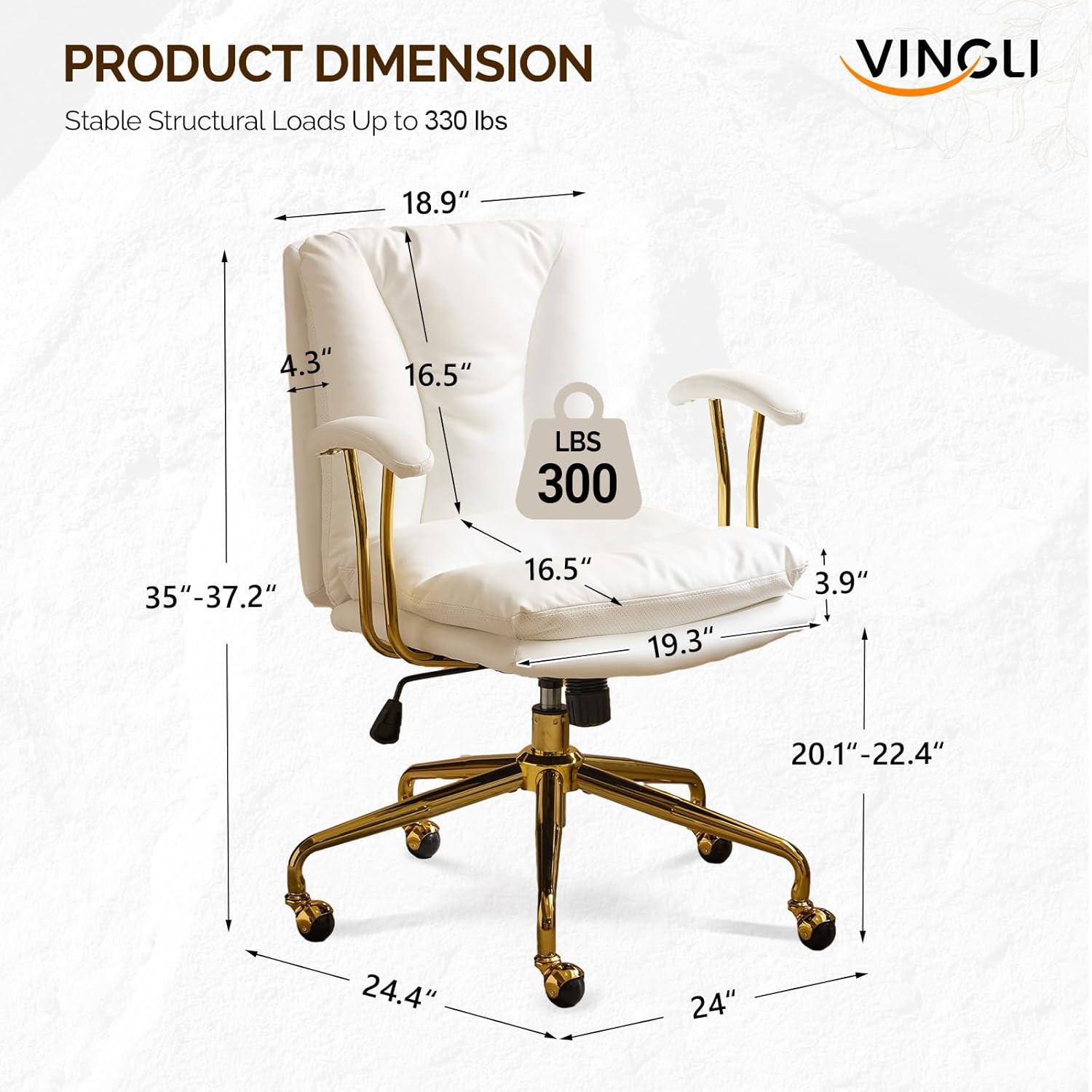 VINGLI Home Office Desk Chair Comfy with Wheels & Removable Armrests,Gold Base Vanity Chair with Back, Adjustable Rolling Swivel Computer Task Chair for Study,Makeup,Office,Bedroom,PU Leather,White