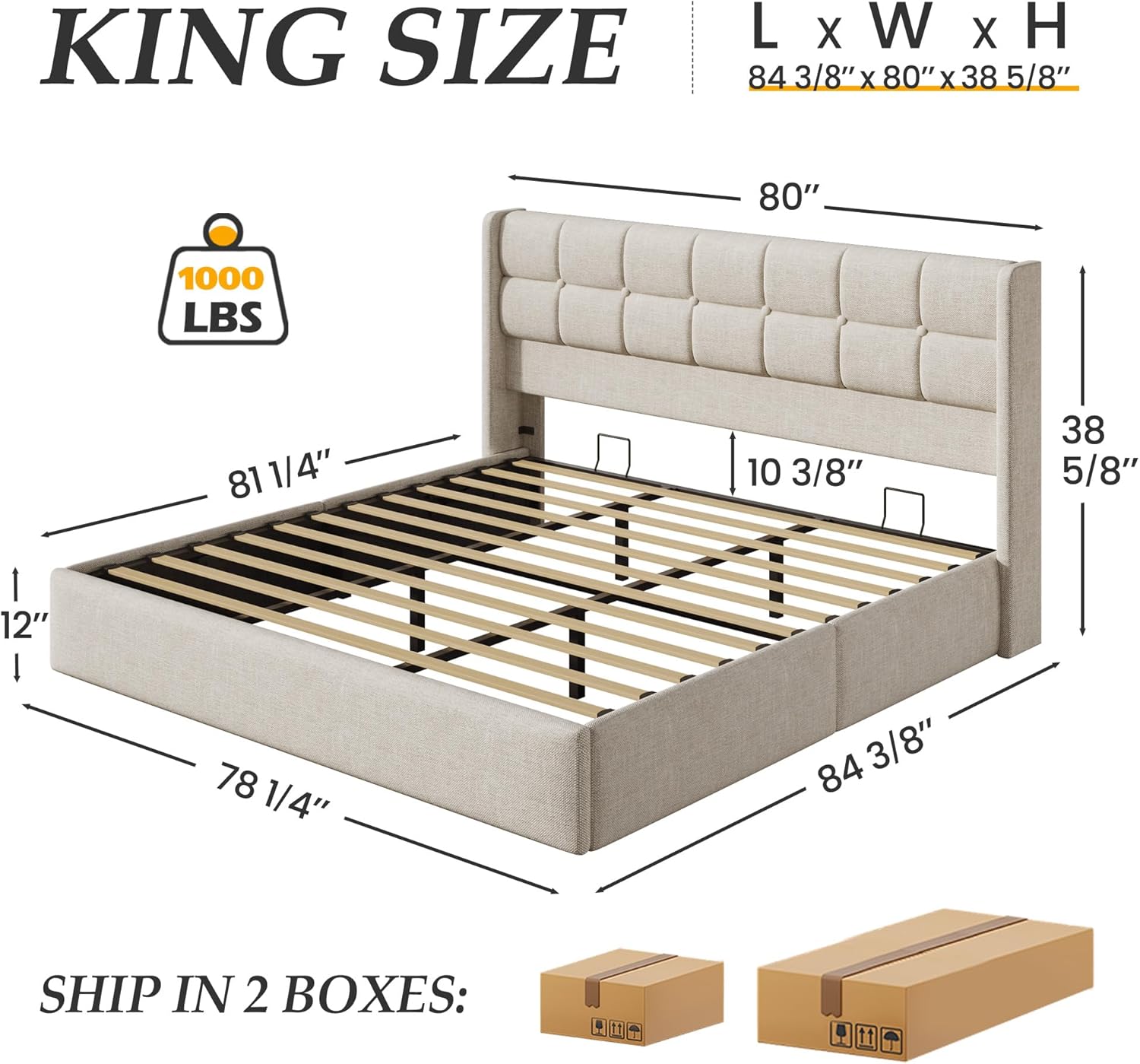 Lifezone King Size Lift Up Storage Bed Frame, Linen Upholstered King Platform with Button Tufted Wingback Headboard and Under-Bed Storage, Hydraulic Support, No Box Spring Needed, Noise Free, Beige