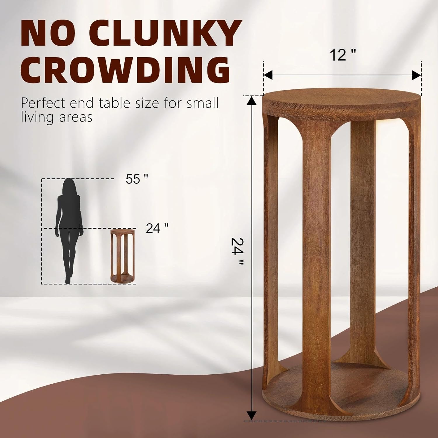 Wooden Drink Table, Pedestal Round End Table, Walnut Brown Nightstand Accent Tables, Small Side Tables for Living Room Plant Stand, Bedroom, 12 x 24