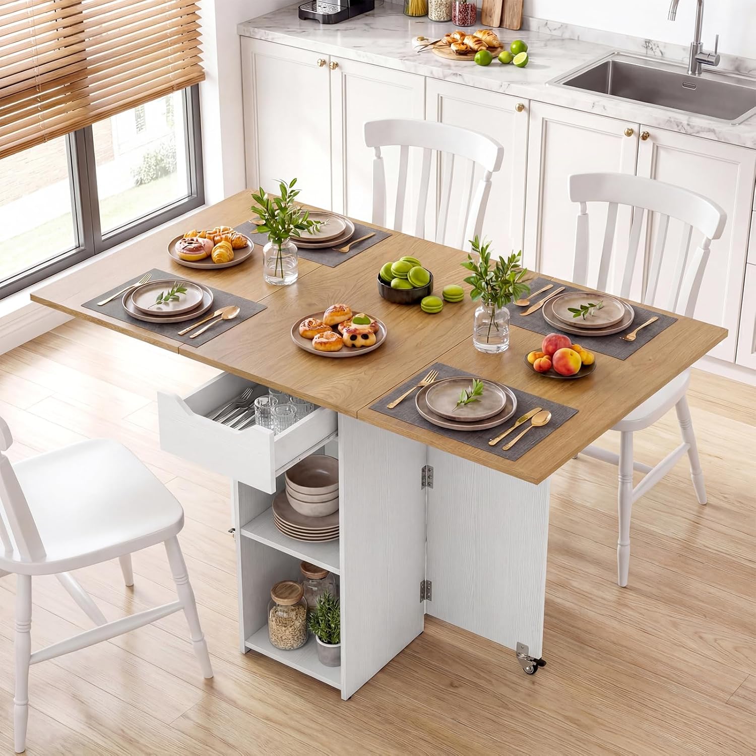 Giantex 47.5 Folding Dining Table for 2-4, Drop Leaf Wooden Dinner Table with 2-Tier Storage Shelf and Drawer, Lockable Wheels, Space Saving Kitchen Tables for Dinette, Small Space (White+Natural)