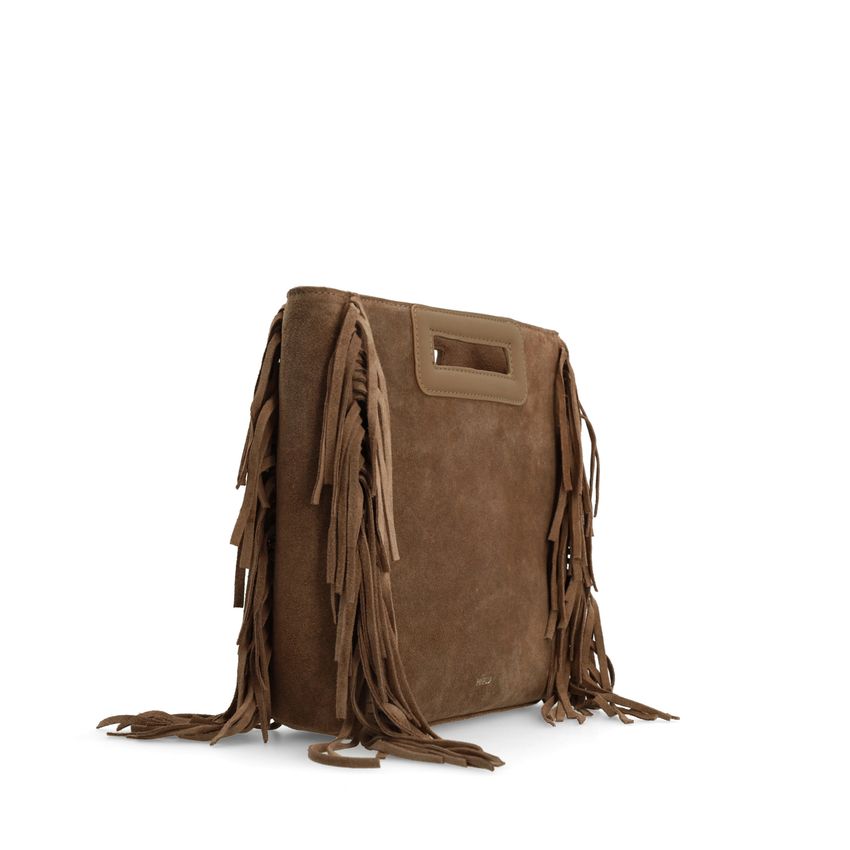 Manfield Taupe suède handtas met franjes