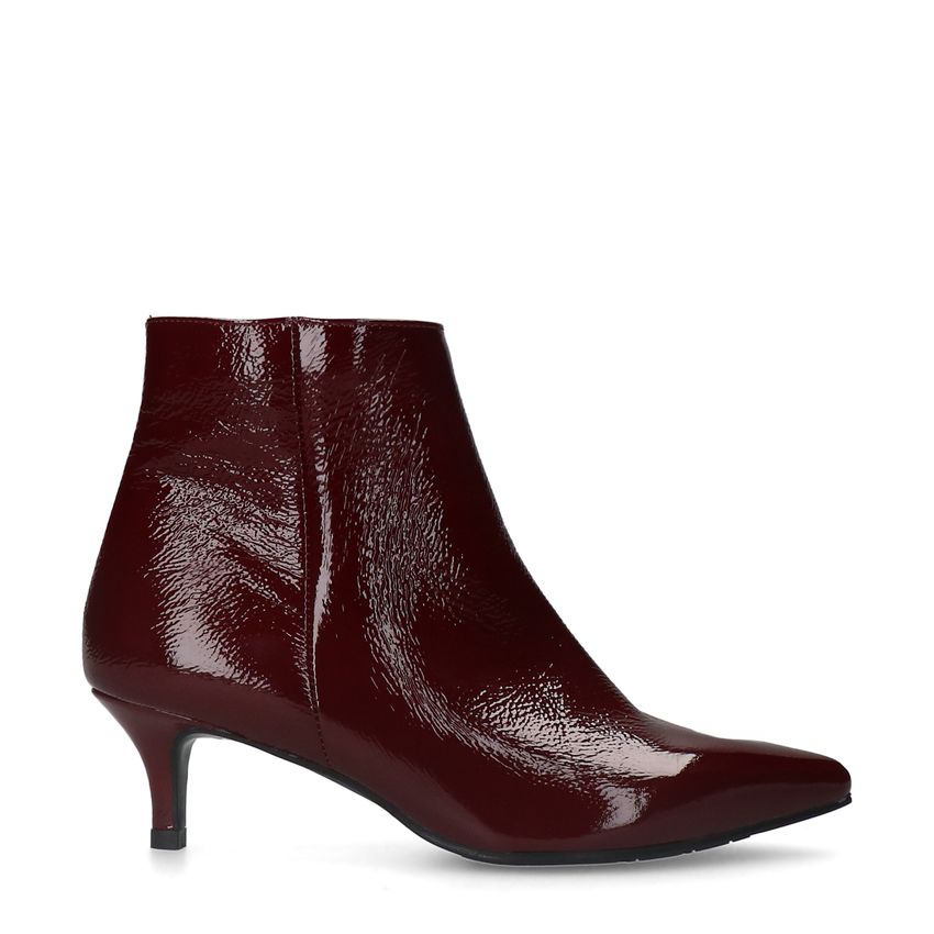 Manfield Bordeaux rode lak leren enkellaarsjes met hak