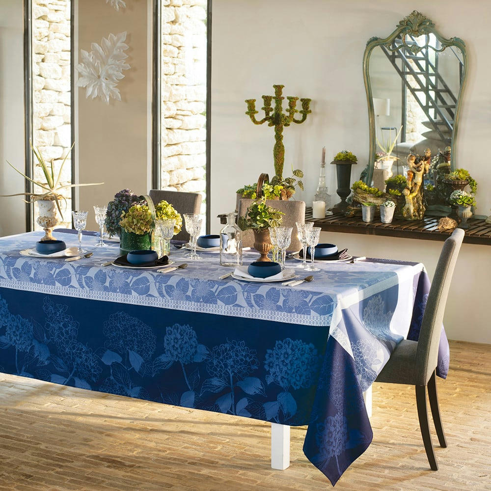 HORTENSIAS BLEU - Nappe carrée antitache déperlant pur coton bio bleu 175x175 cm