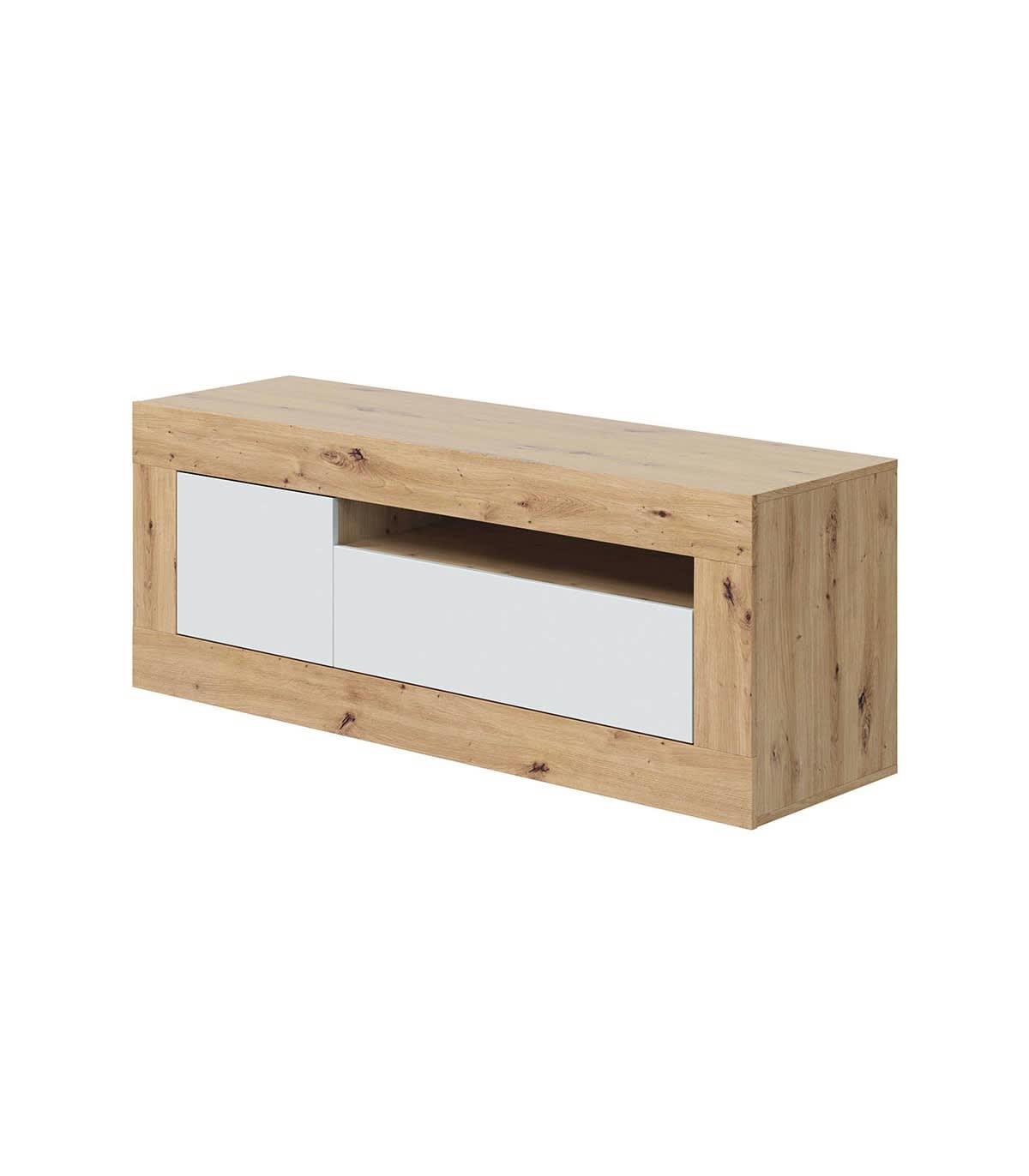 BALTIK - Meuble TV 1 porte, 1 tiroir abattant effet bois - L139 x H53 cm