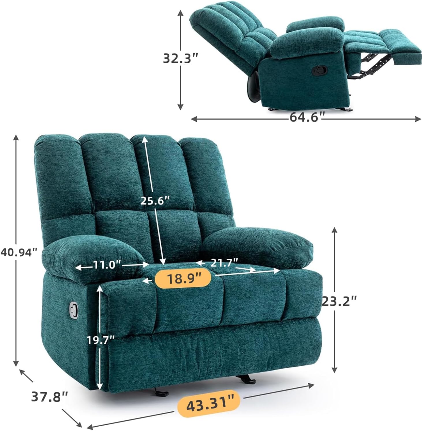 WILLOVE Oversized Rocker Recliner Chair Rocking Recliners Overstuffed Soft Big Man Manual Recliner Extra Large Living Room Chair 350 LBS Capacity, Teal, L