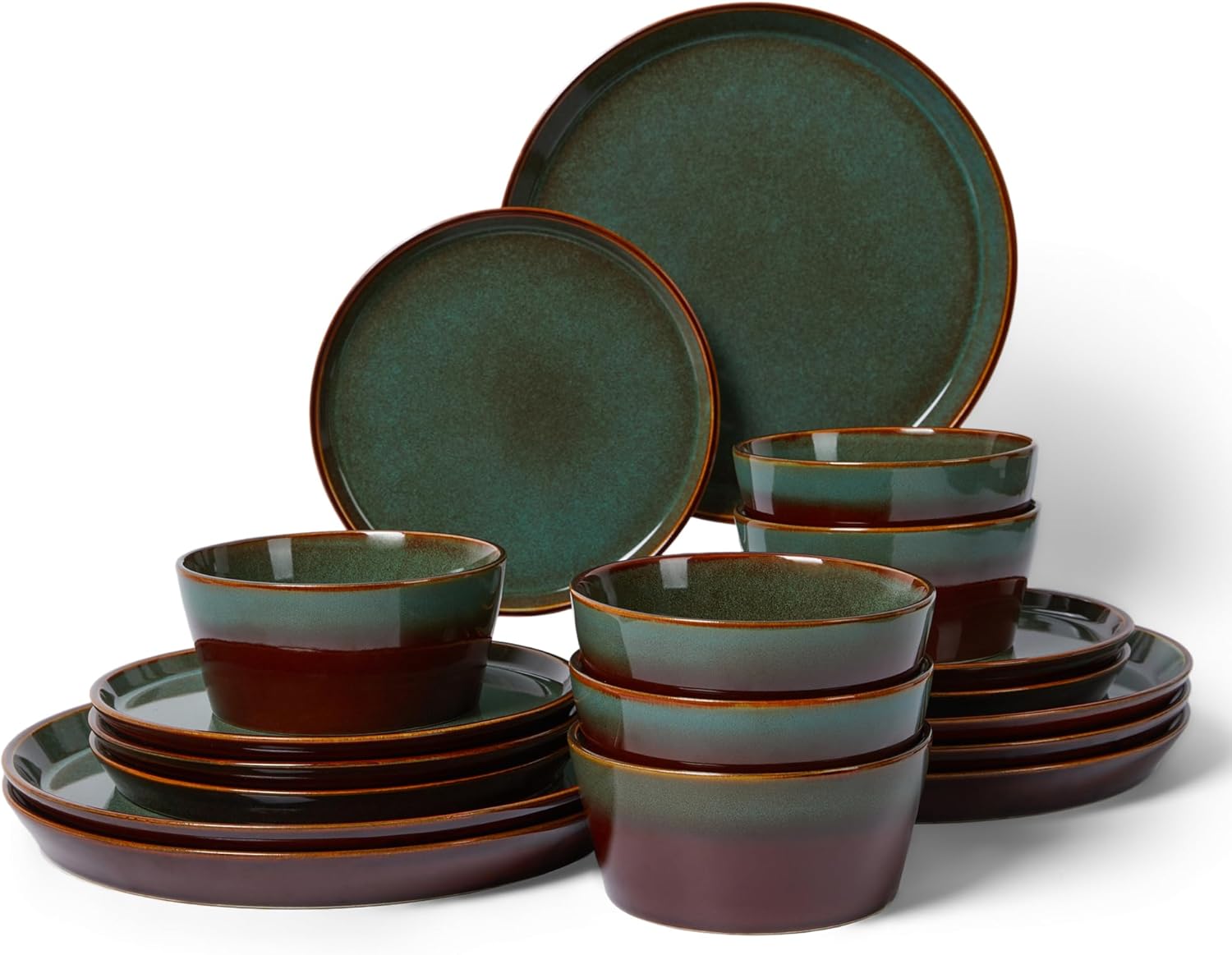 Pokini Plates and Bowls Sets for 6, Ceramic Dinnerware Sets, Kitchen Dish Set, Microwave & Dishwasher Safe Dishware, Highly Durable Reactive Glazed Dinner Set, Brown Green