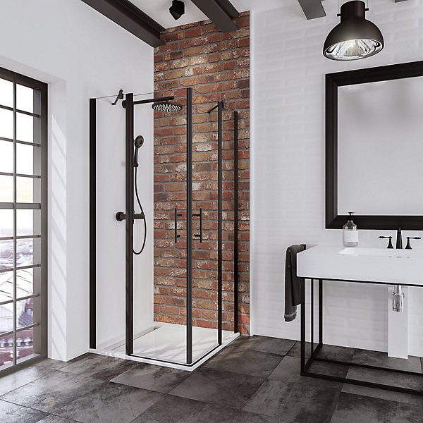 Accès d'angle droit avec porte de douche battantes, 80 x 80 cm, Schulte, NewStyle, verre transparent anticalcaire, profilés noirs