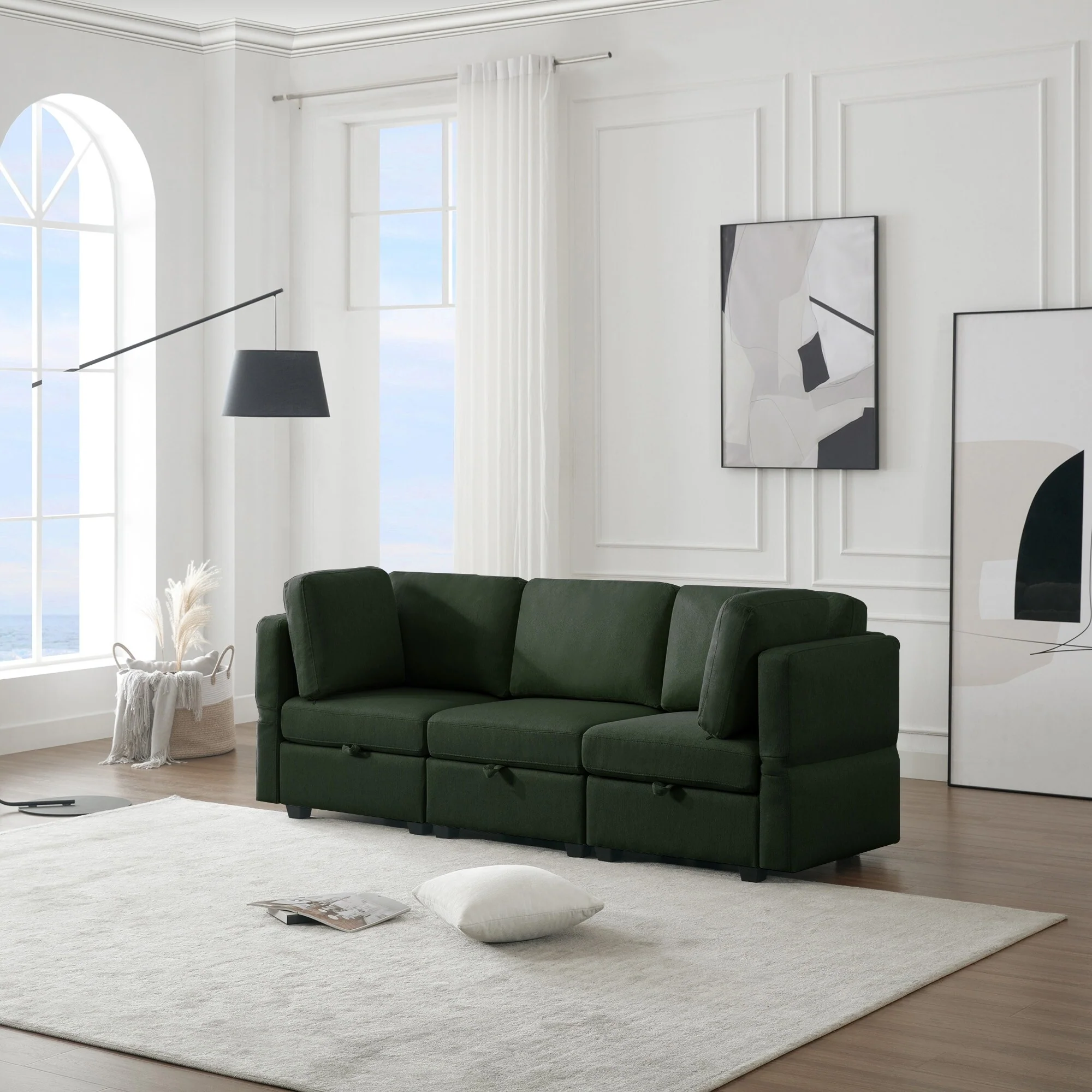 Green 87.9'' 3-Seater Modular Sofa with Adjustable Backrests, Storage Seats, and Tufted Cushion Design