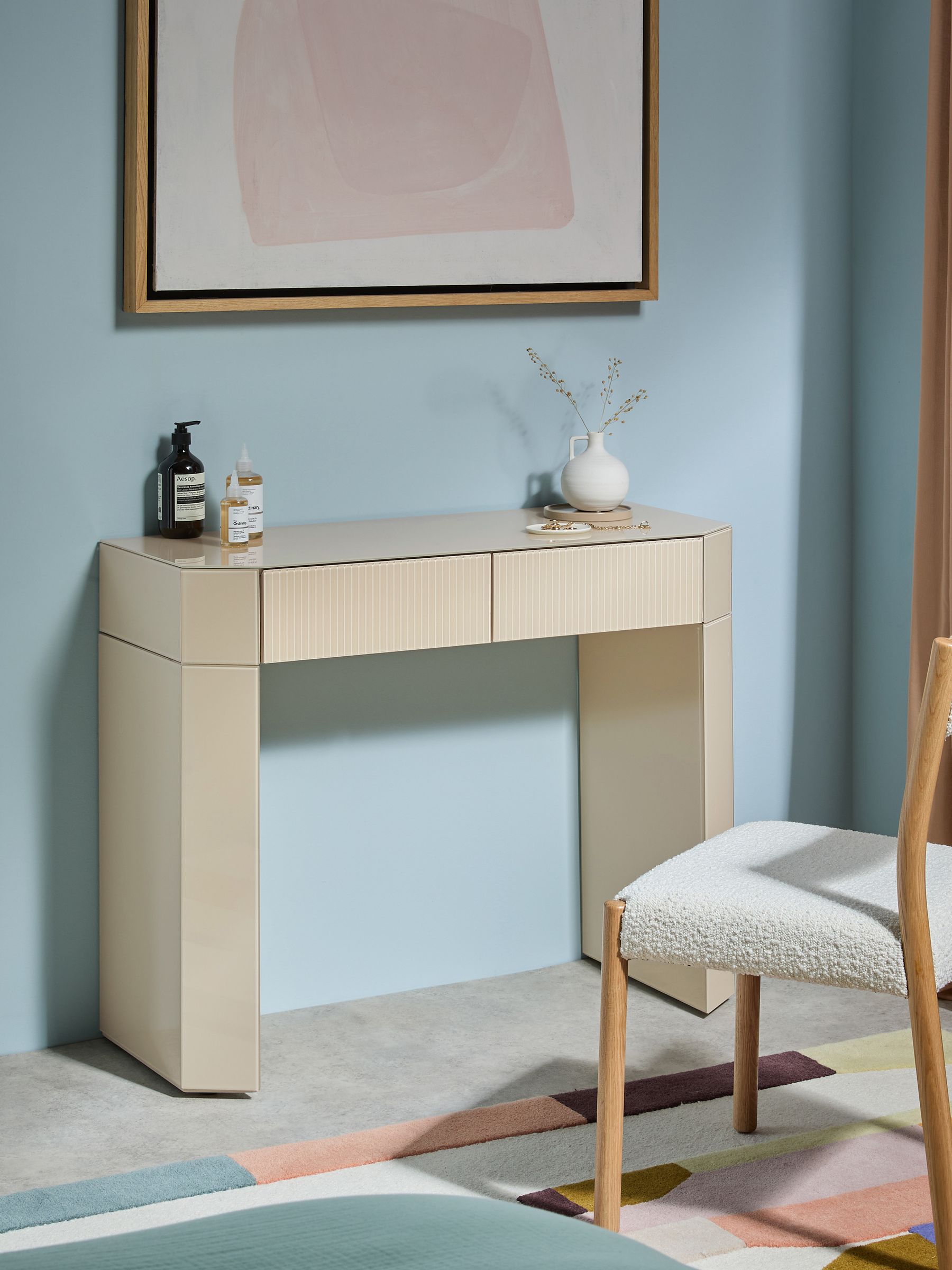 Eleni Dressing Table in Ecru White Glass